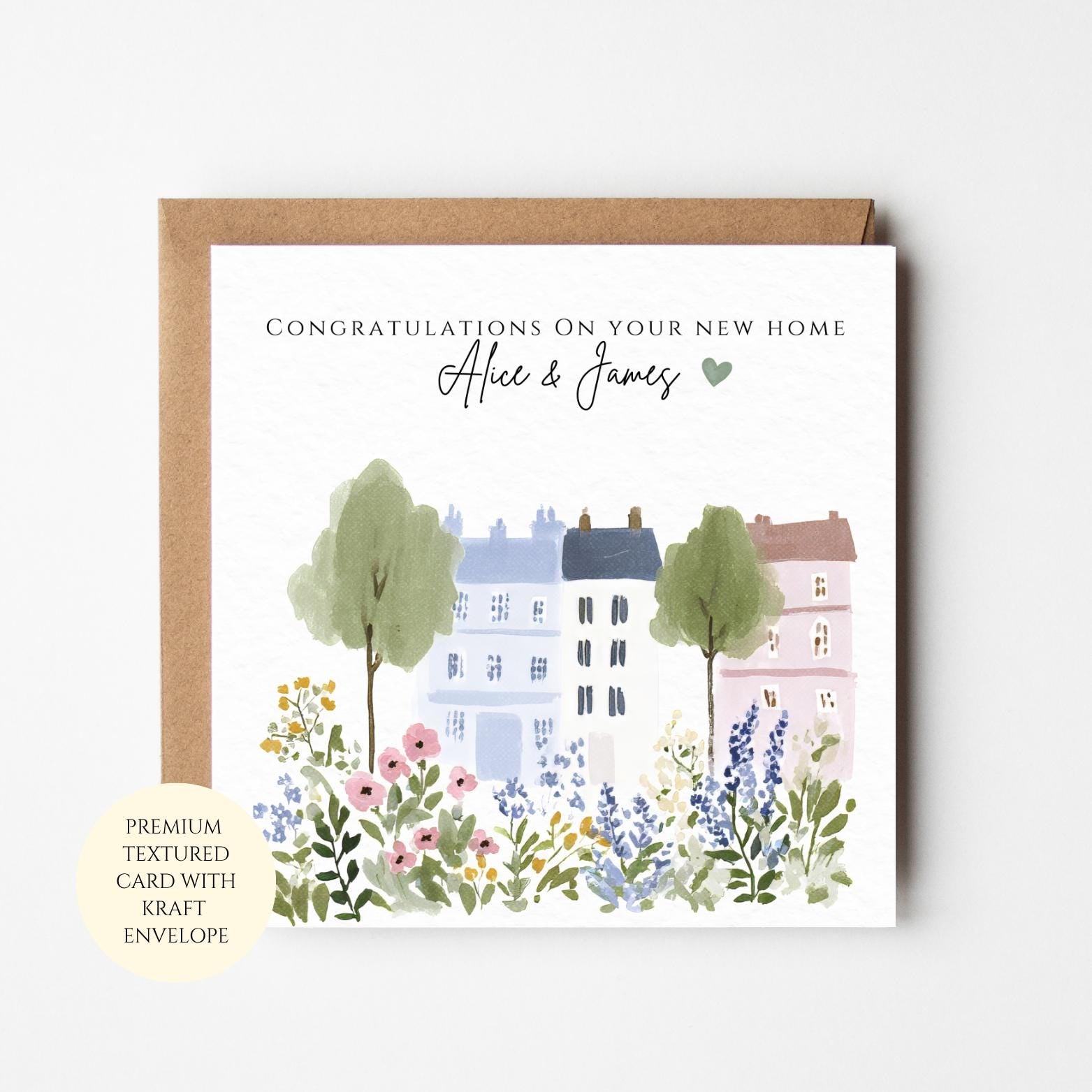 New Home Card: Congratulations Design (Pastel Townhouses)