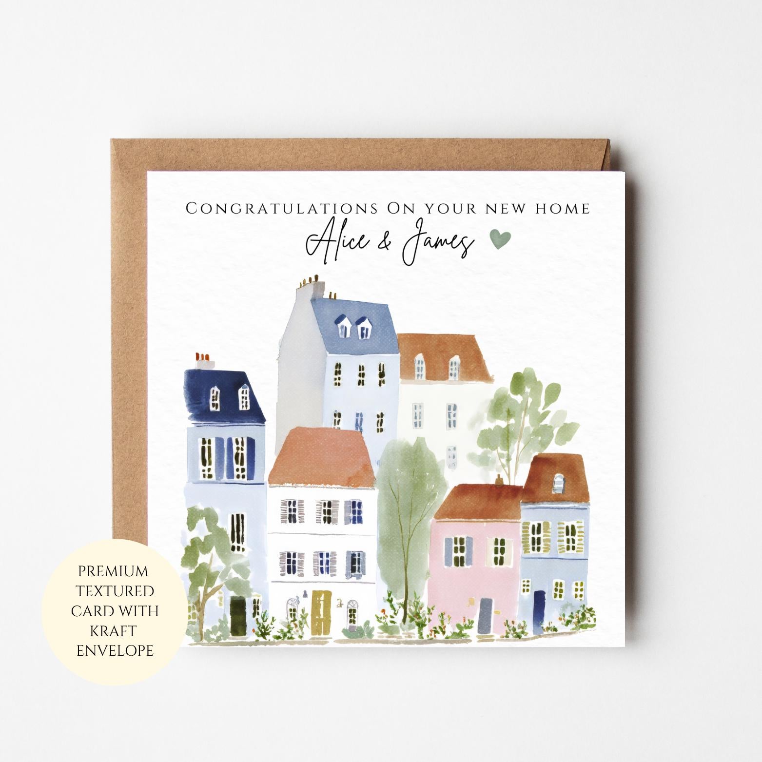 New Home Card: Personalised Row Houses Illustration (Housewarming Gift)