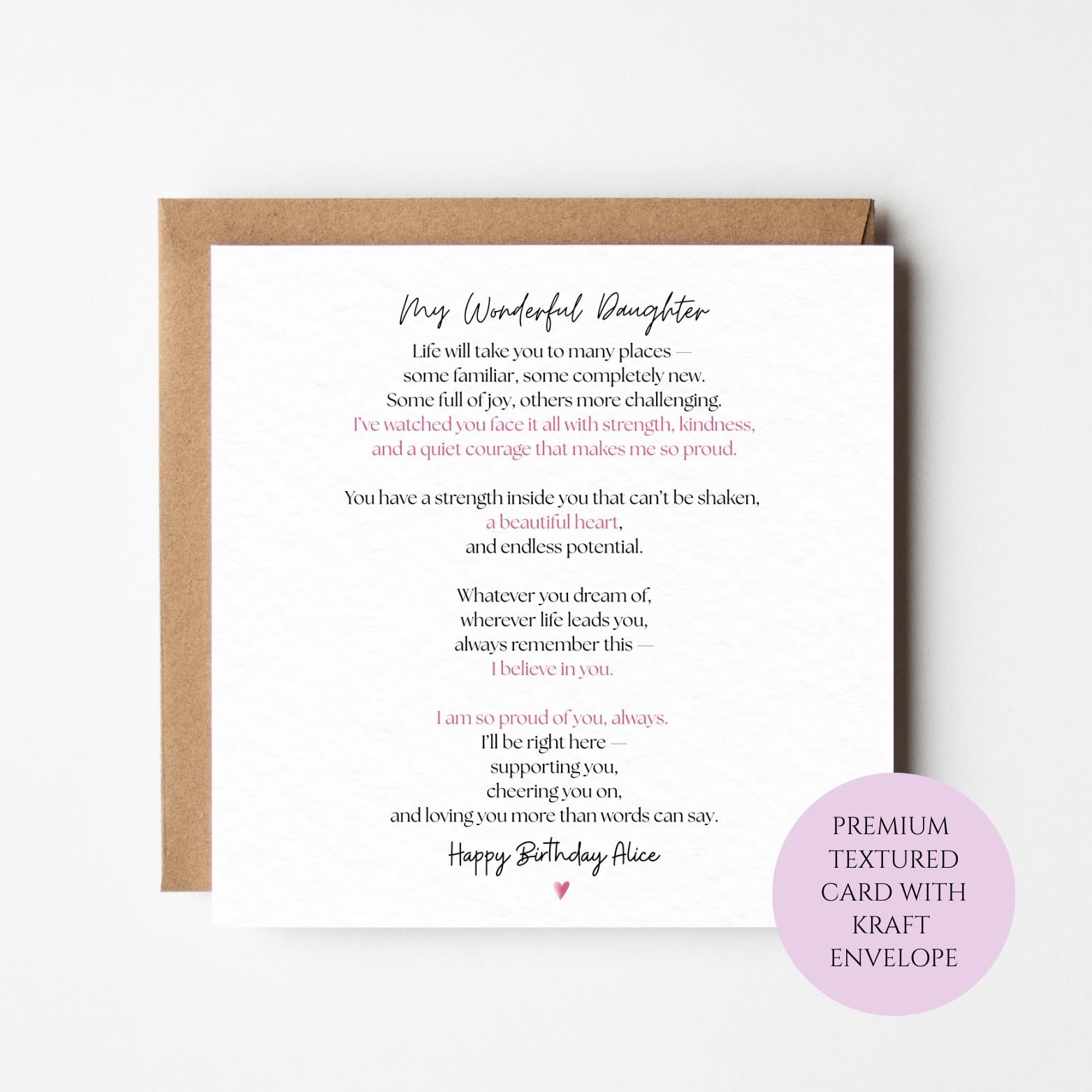 Heartfelt Daughter Birthday Card – Proud Message, Keepsake Design (150x150mm)
