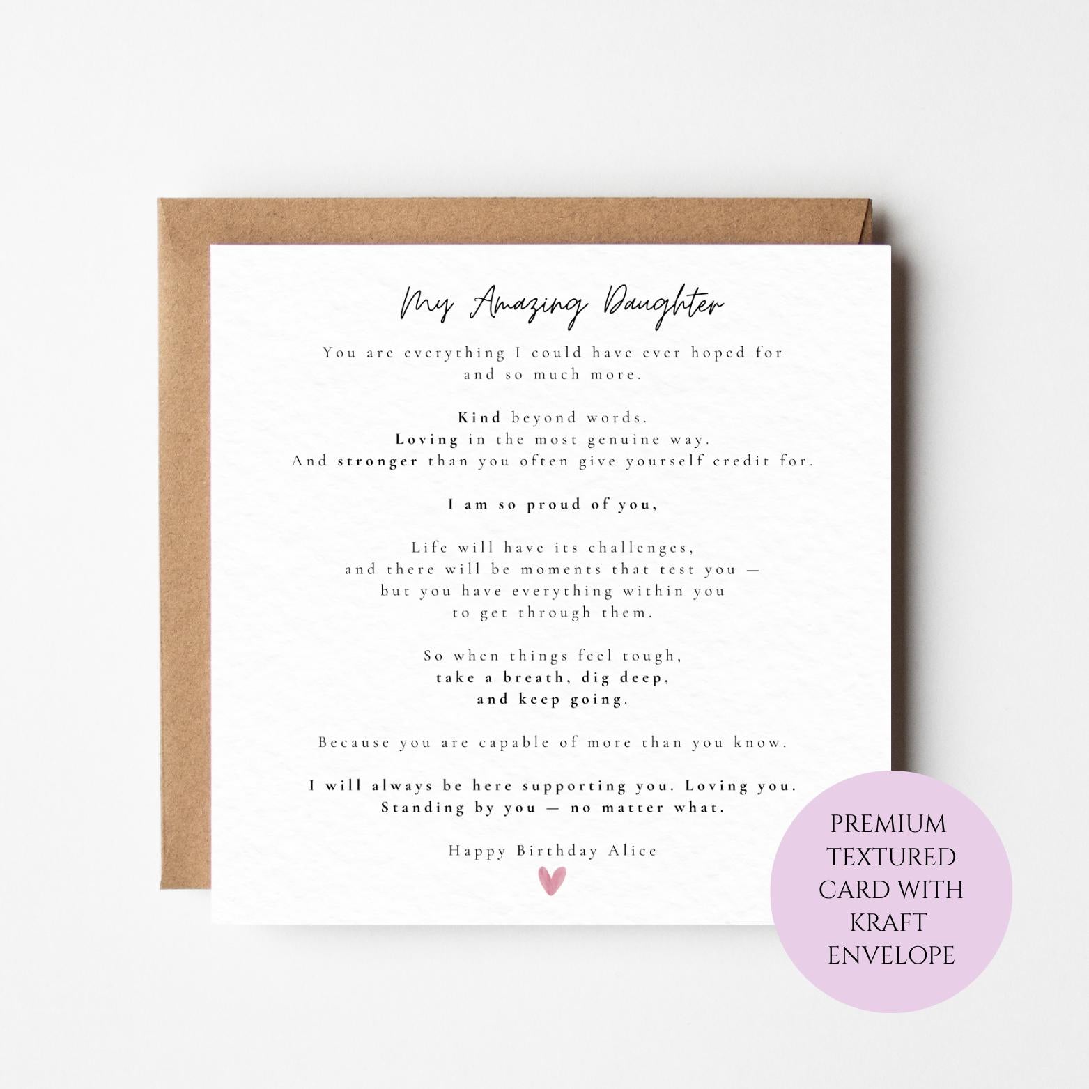 Personalised Daughter Birthday Card, Proud Supportive Message, Textured Keepsake Envelope