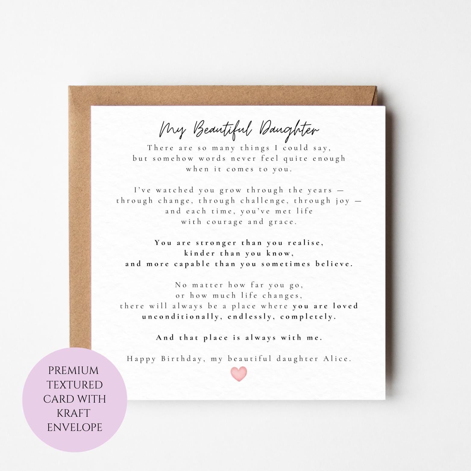 Personalised Daughter Birthday Card, Heartfelt Message, Meaningful Keepsake, Textured Card
