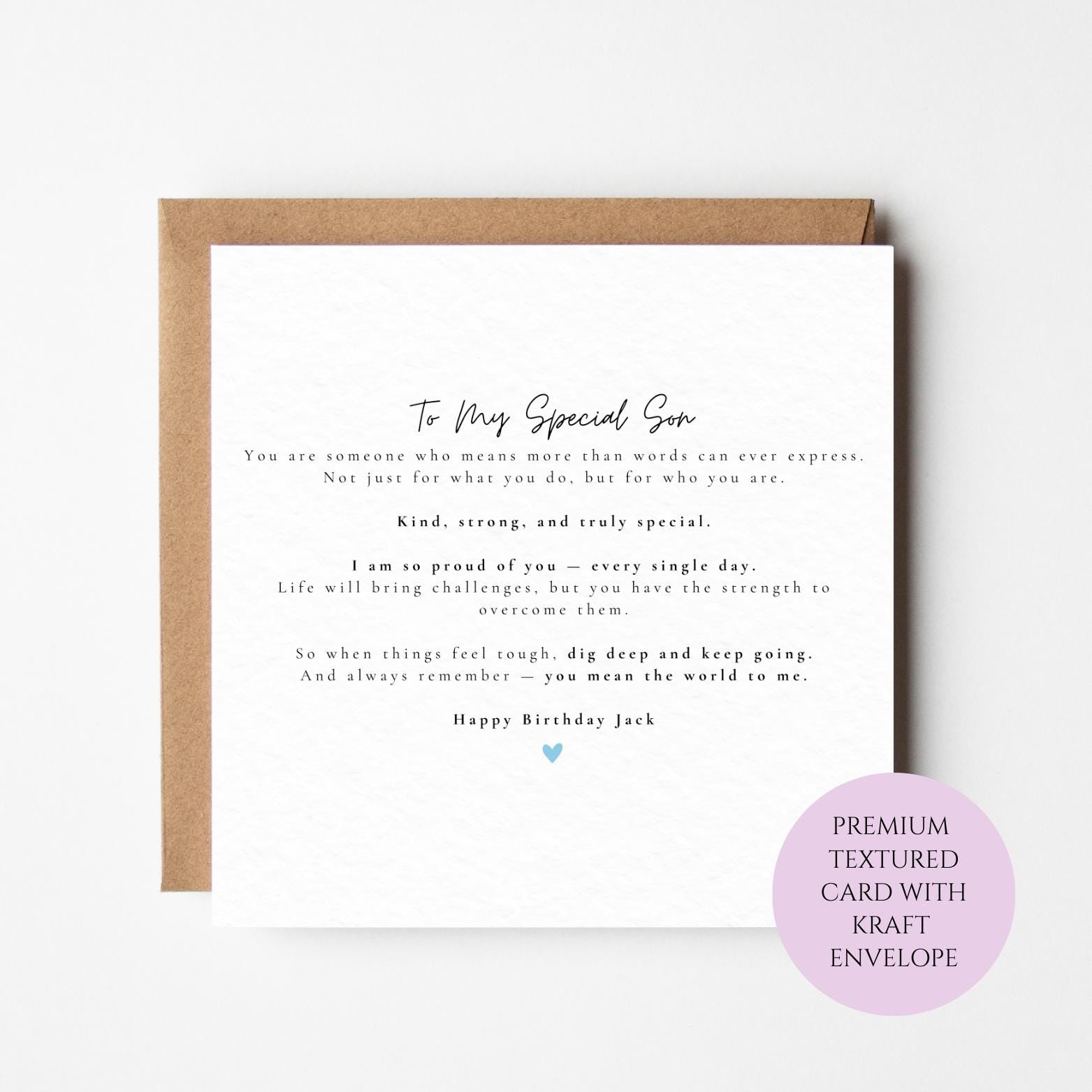 Personalised Son Birthday Card, Heartfelt Message, Kind Strong Special, Textured Card (150x150mm)