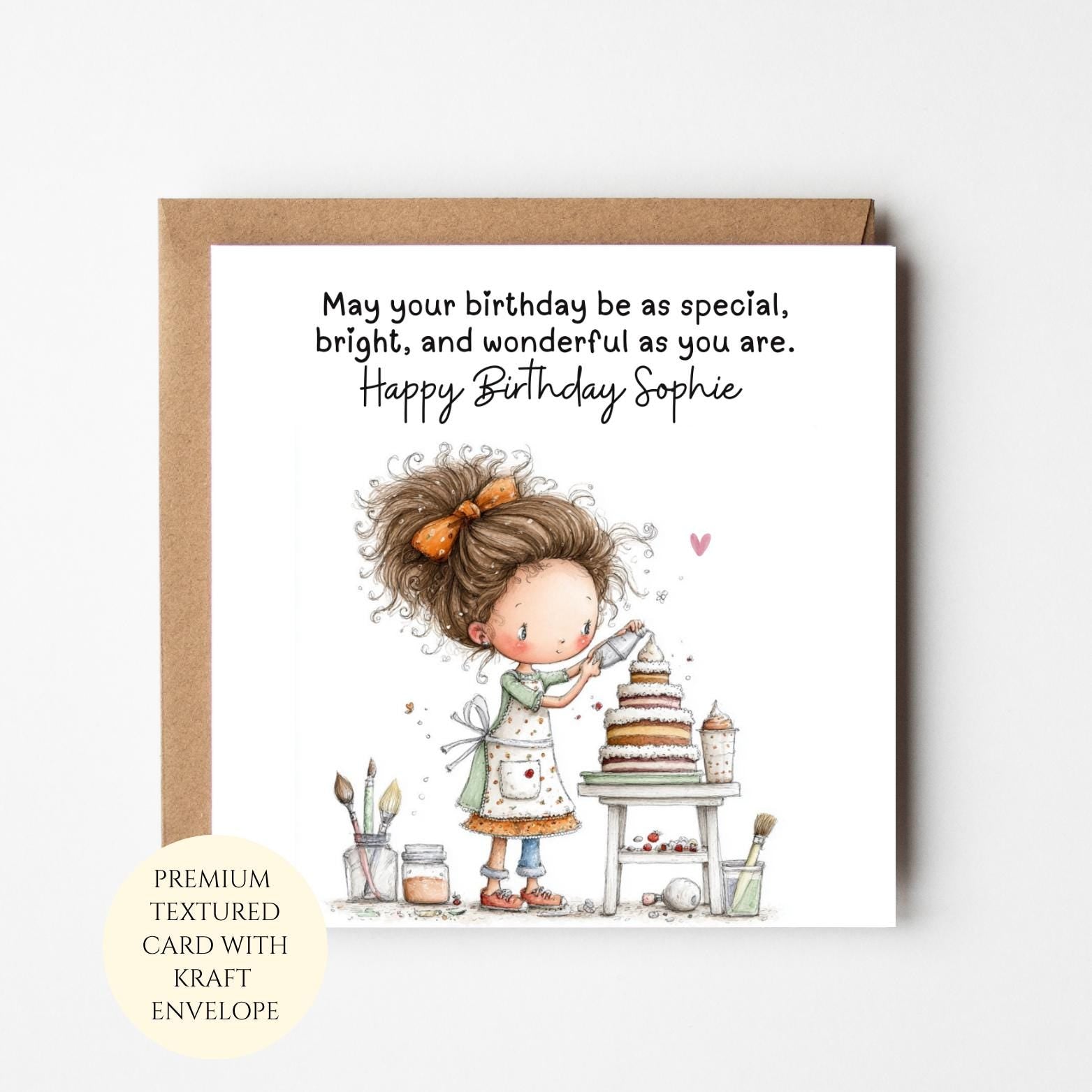 Personalised Baking Girl Birthday Card, Cake Decorating Whimsical Illustration