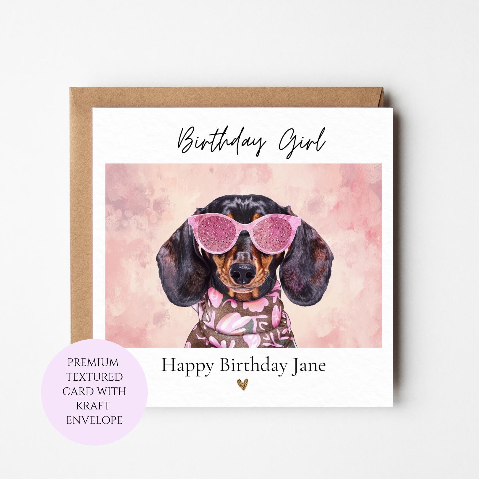 Dachshund Birthday Card, Dog Lover Greeting Card, Glitter Sunglasses Portrait