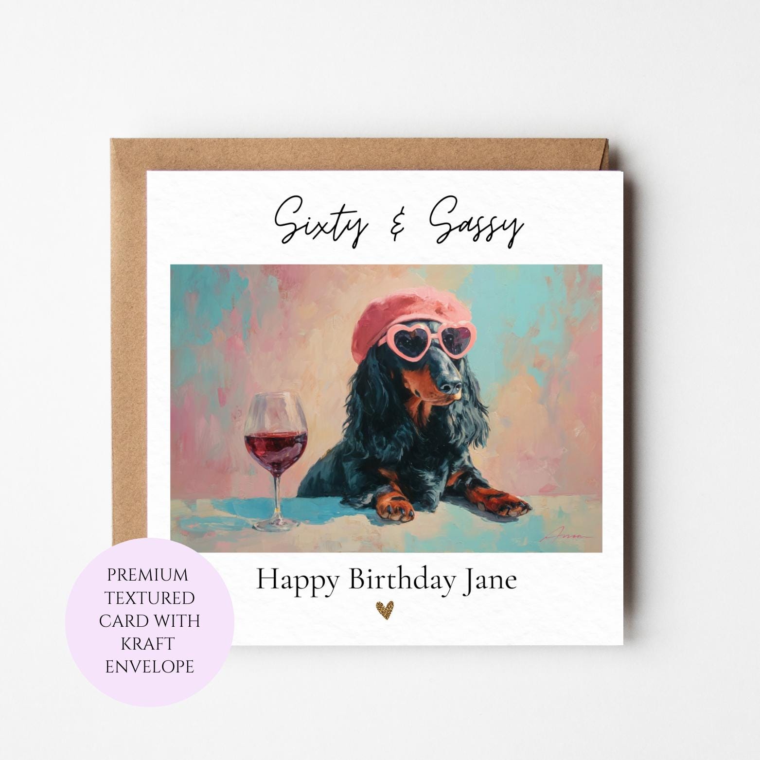 Sixty Sassy Dachshund Birthday Card, Wine Lover Dog Card for Her