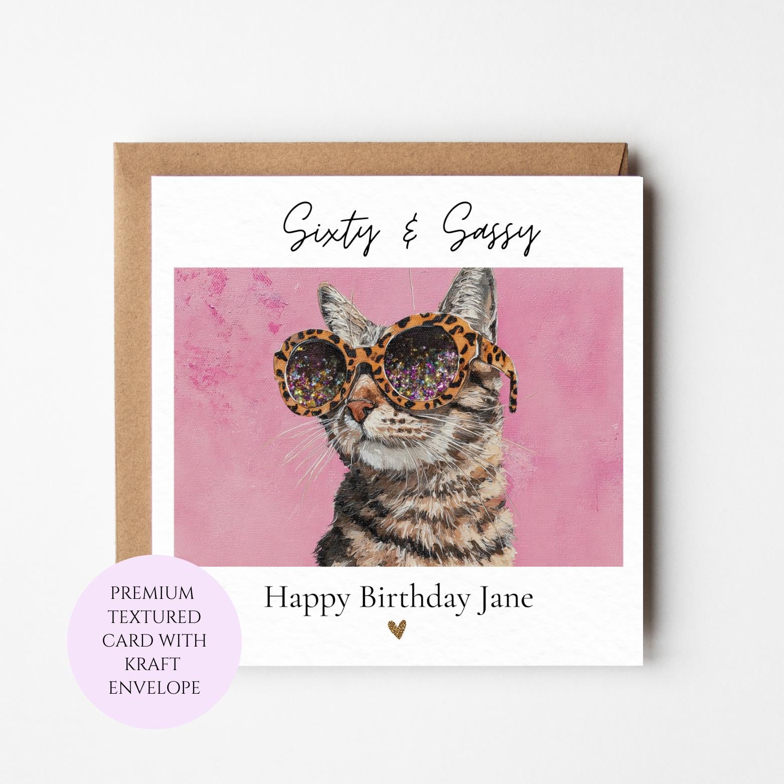 Sixty Sassy Birthday Card, Cat with Leopard Sunglasses, Cat Lover Gift
