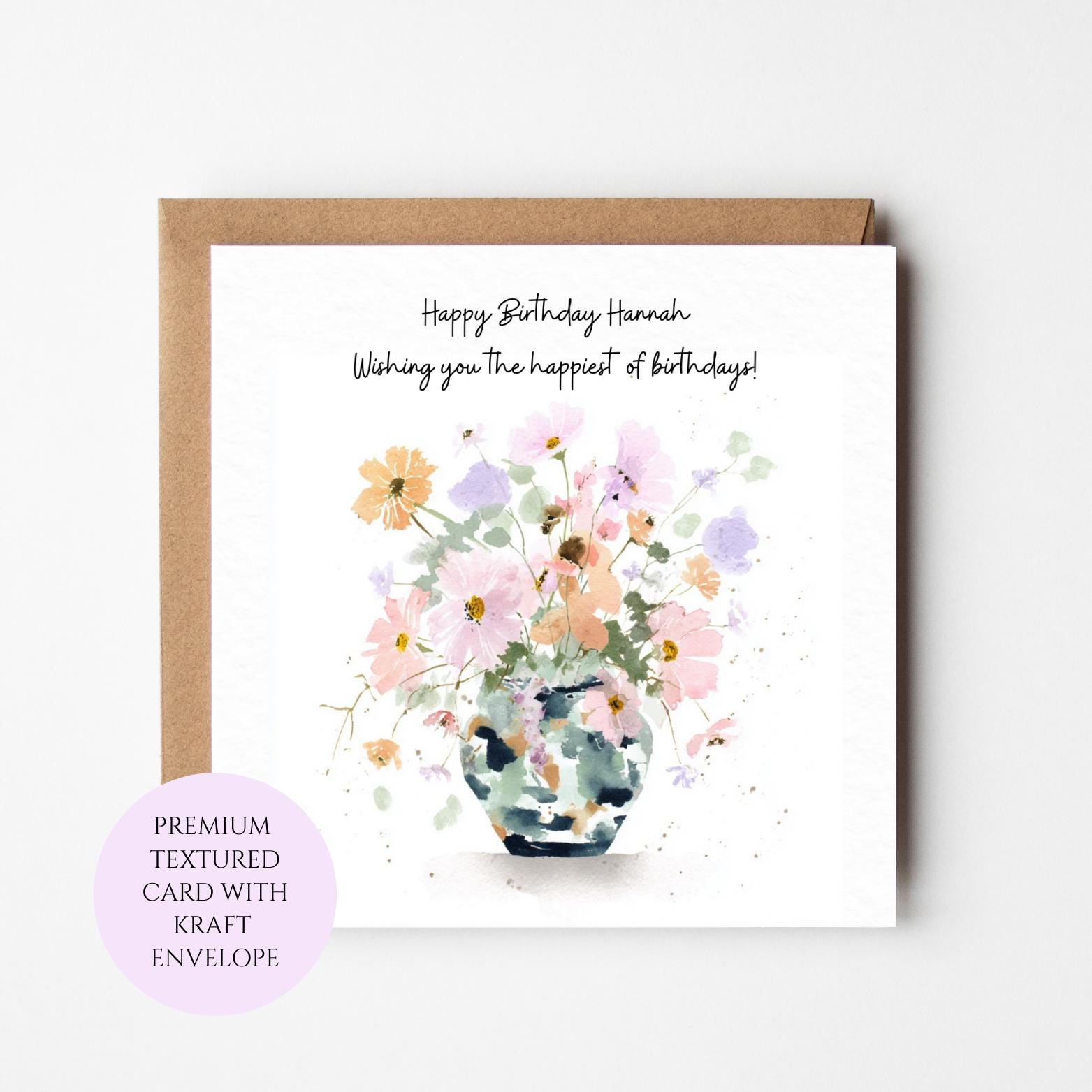 Pastel Floral Watercolour Birthday Card, Flowers in Vase, Greeting Card for Her