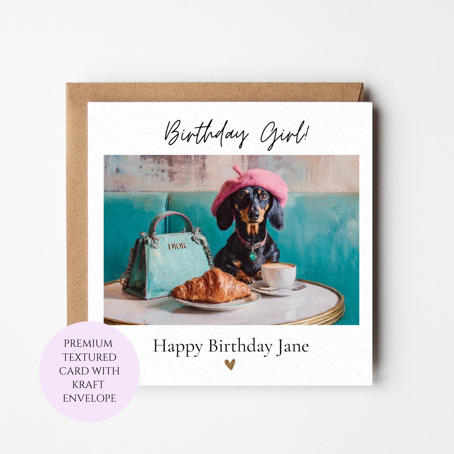 Pink Beret Dachshund Birthday Card, Dog Lover Cafe Scene Greeting Card