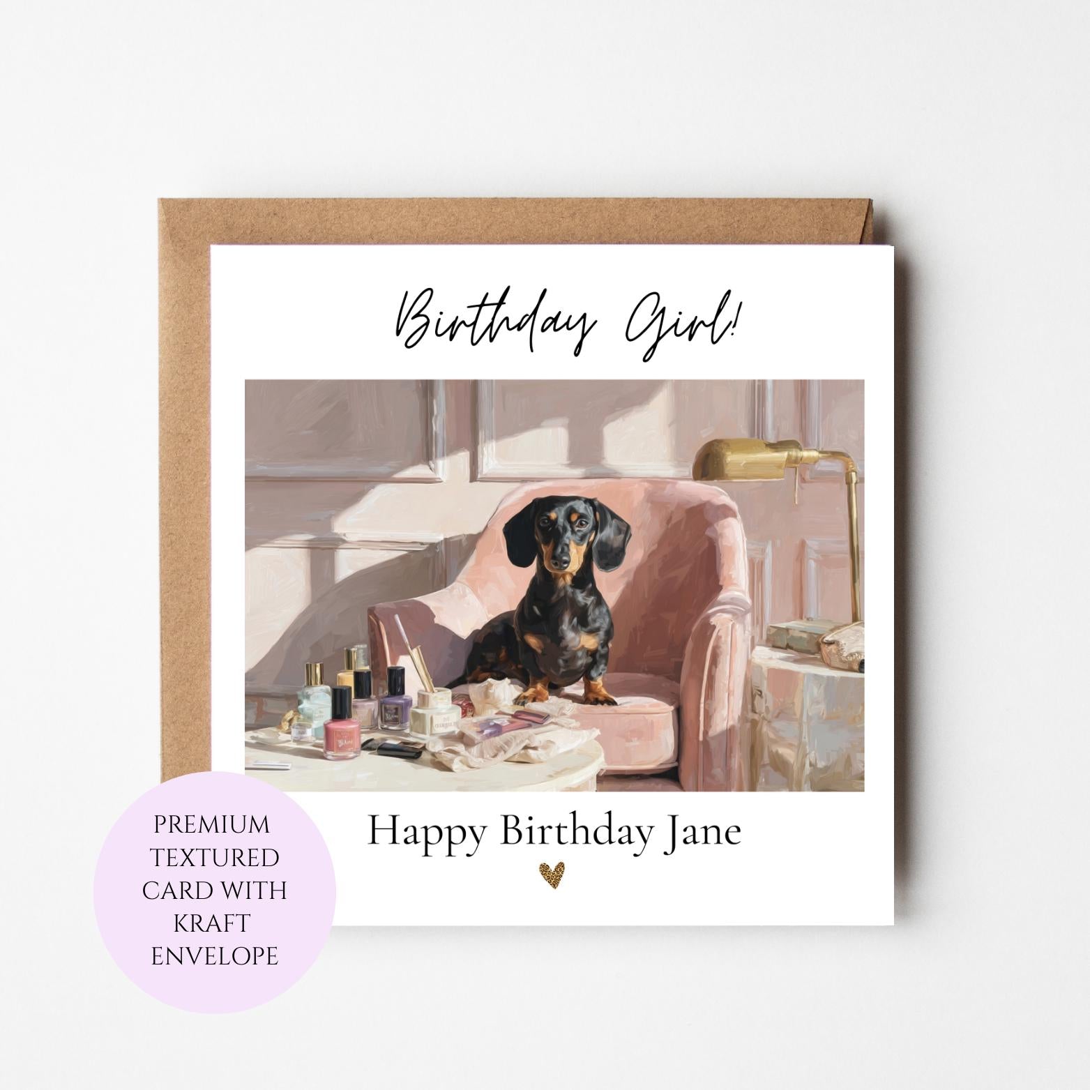 Dachshund Birthday Card, Stylish Salon Scene, Dog Lover Gift, Cardstock
