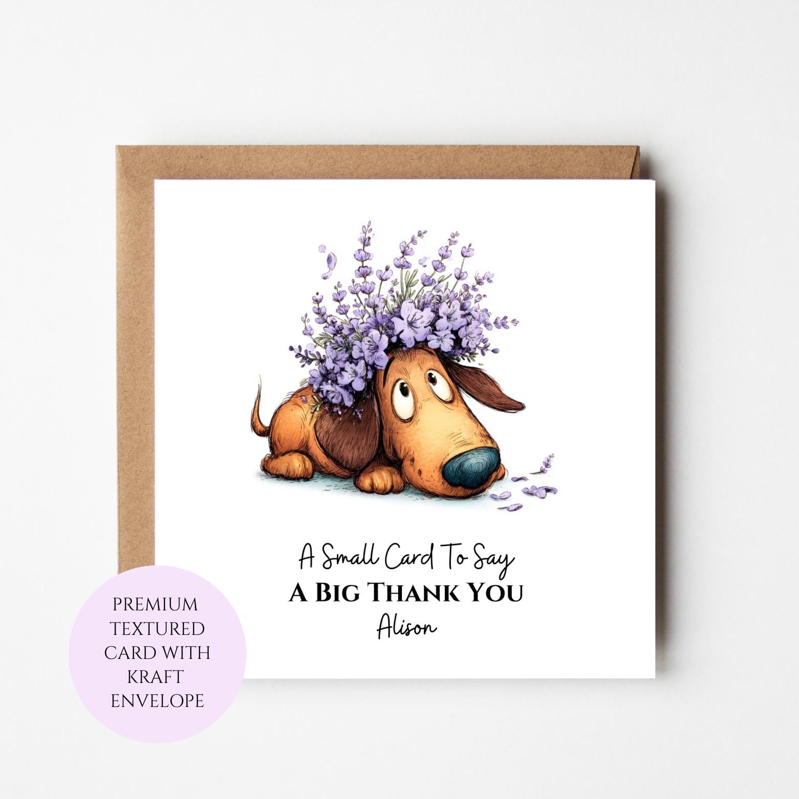 Personalised Dachshund Thank You Card, Lavender Floral Dog Art, Animal Appreciation Greeting