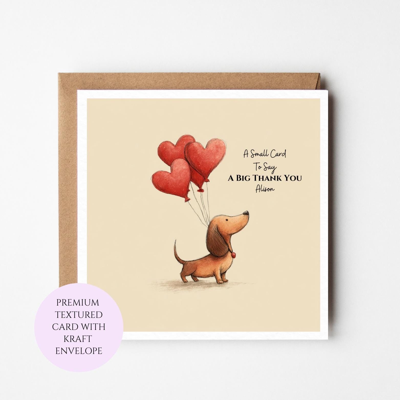 Personalised Dog Thank You Card, Floral Balloons, Dachshund Illustration, Kraft Envelope