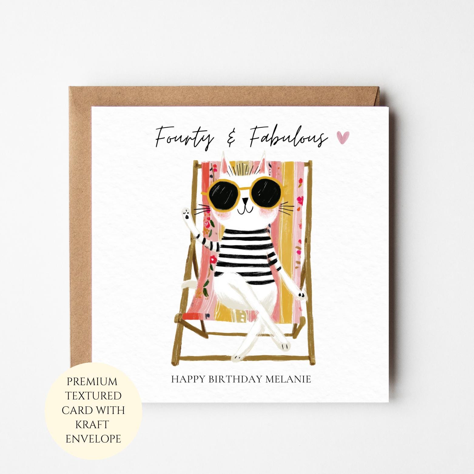 40th Birthday Card, Cat Lover, Whimsical Illustration