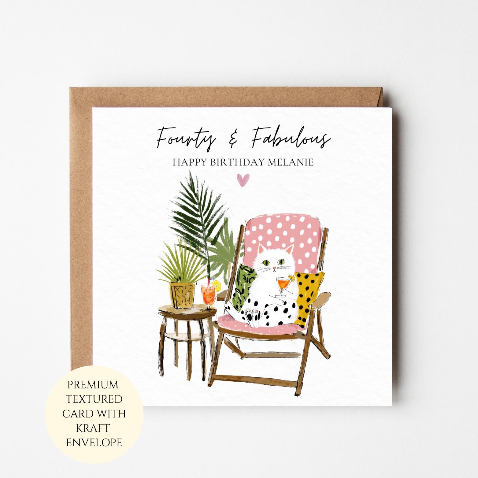 40th Birthday Card For Her, Cat Lover, Forty And, Textured Card