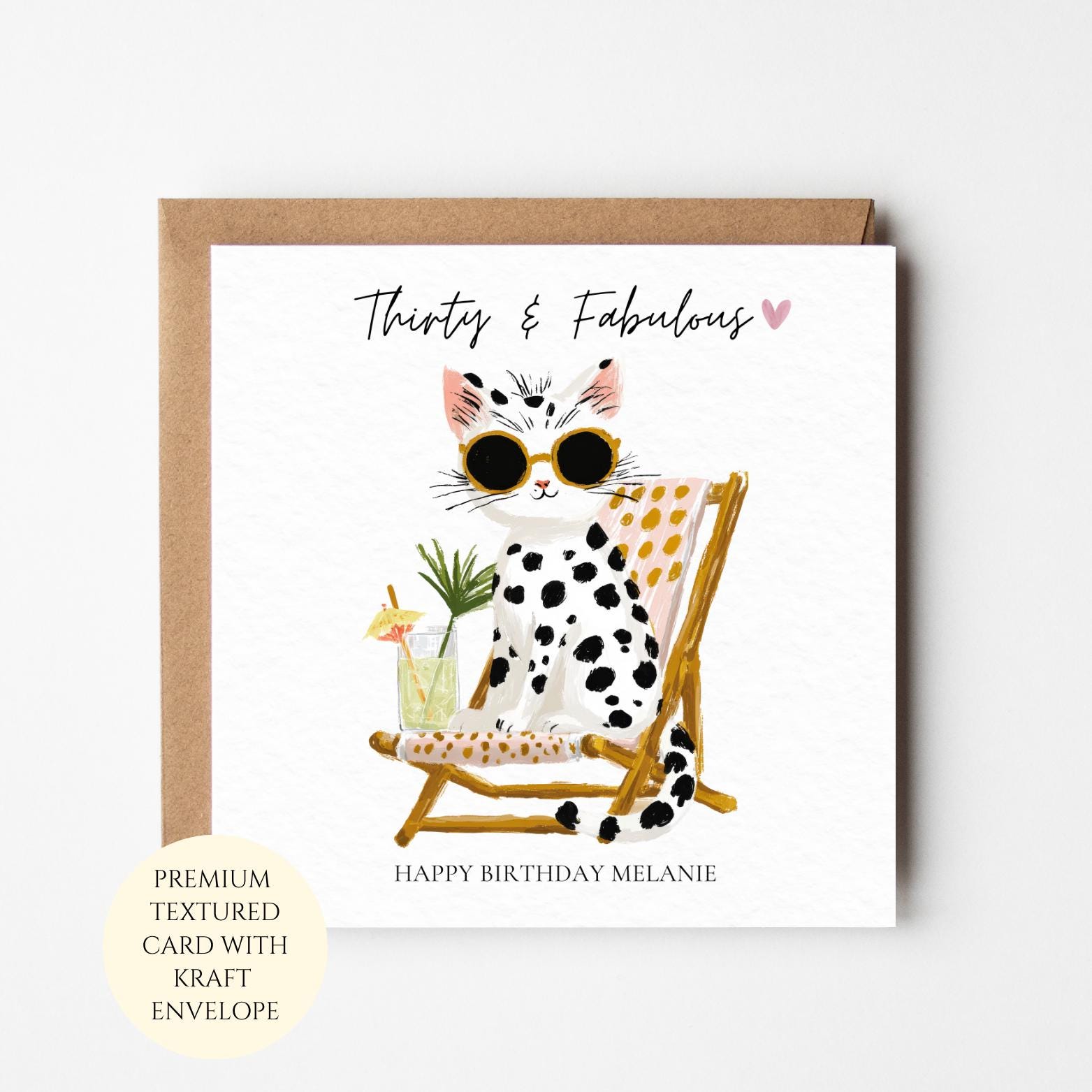 30th Birthday Card, Cat Lover, Thirty and, Whimsical Feline Illustration