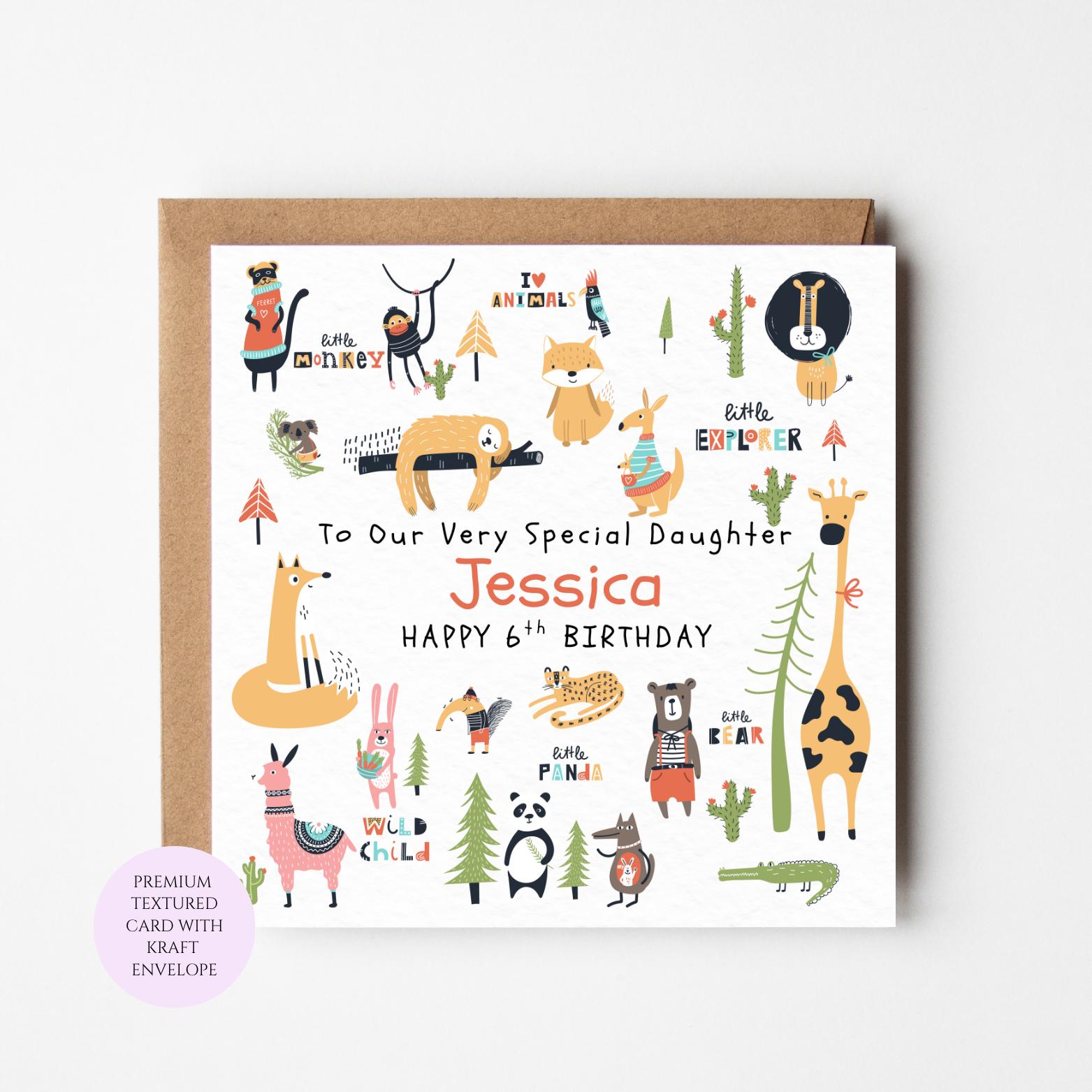 Personalised Safari Animal Birthday Card for Daughter, Whimsical Wildlife Design