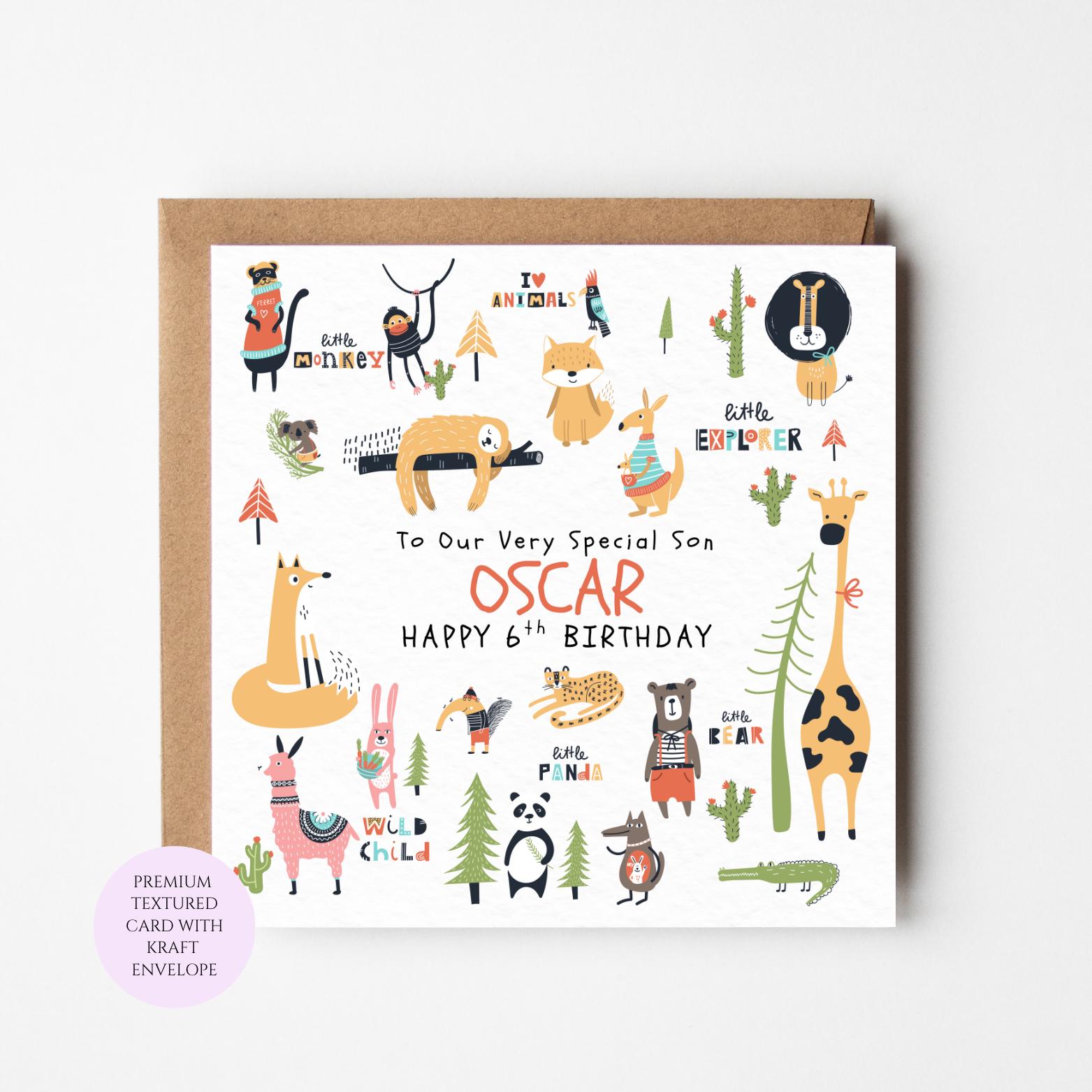 Animal Birthday Card: Fun Safari Animals for Boys (Includes Kraft Envelope)