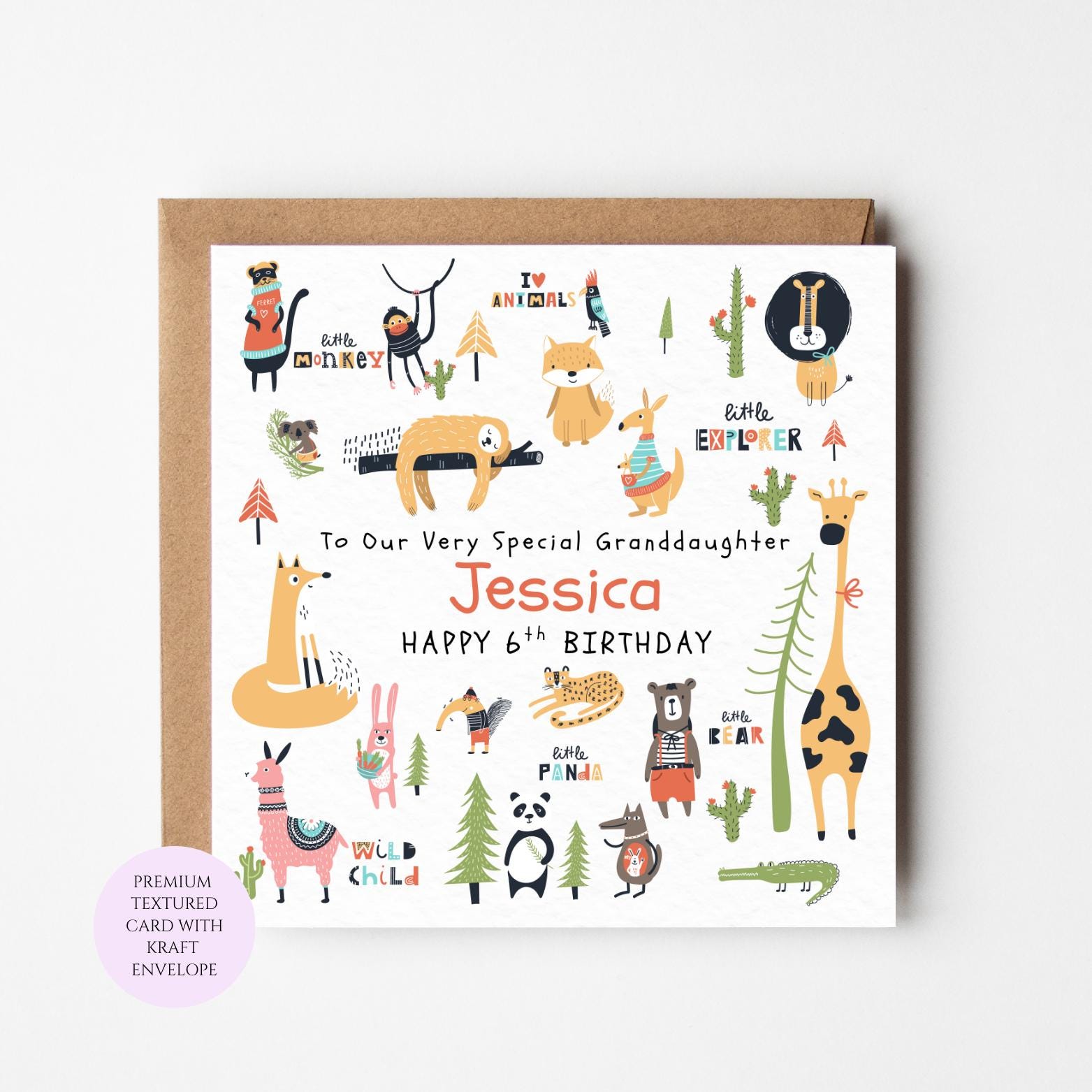 Granddaughter Birthday Card – Safari Animals, Wildlife Theme, Textured Card, Kraft Envelope