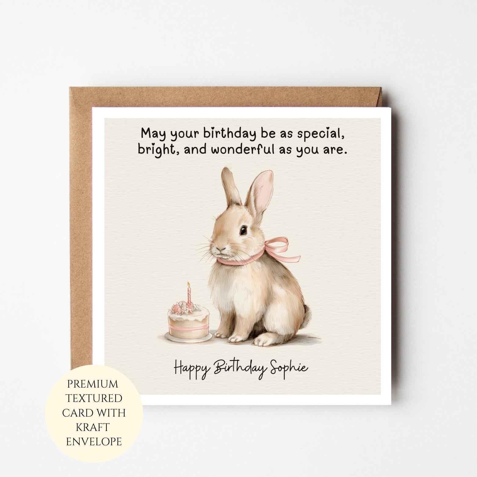 Personalised Bunny Birthday Card For Her – Rabbit Illustration, Cardstock