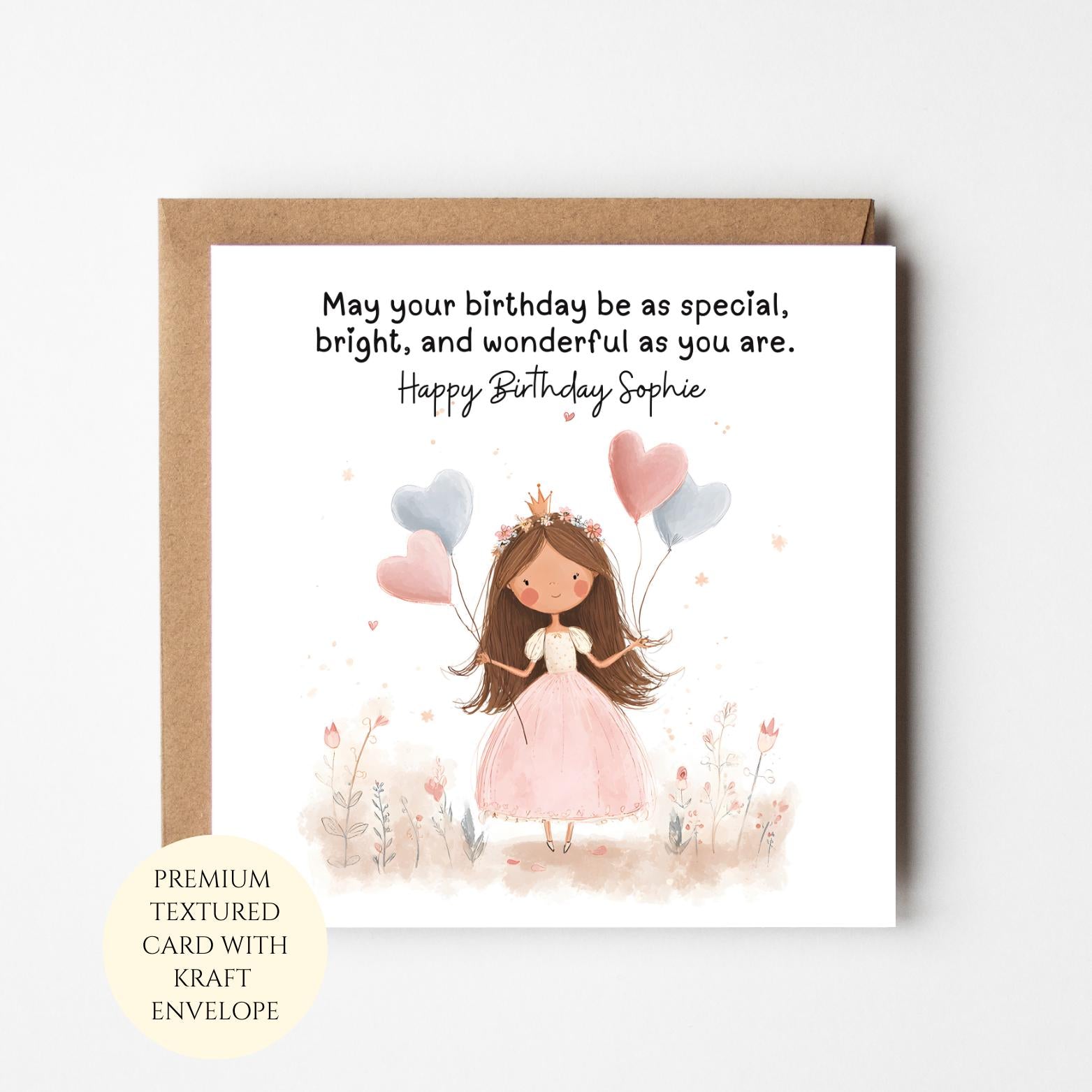 Personalised Princess Birthday Card with Cake Illustration – Kids Girl Card