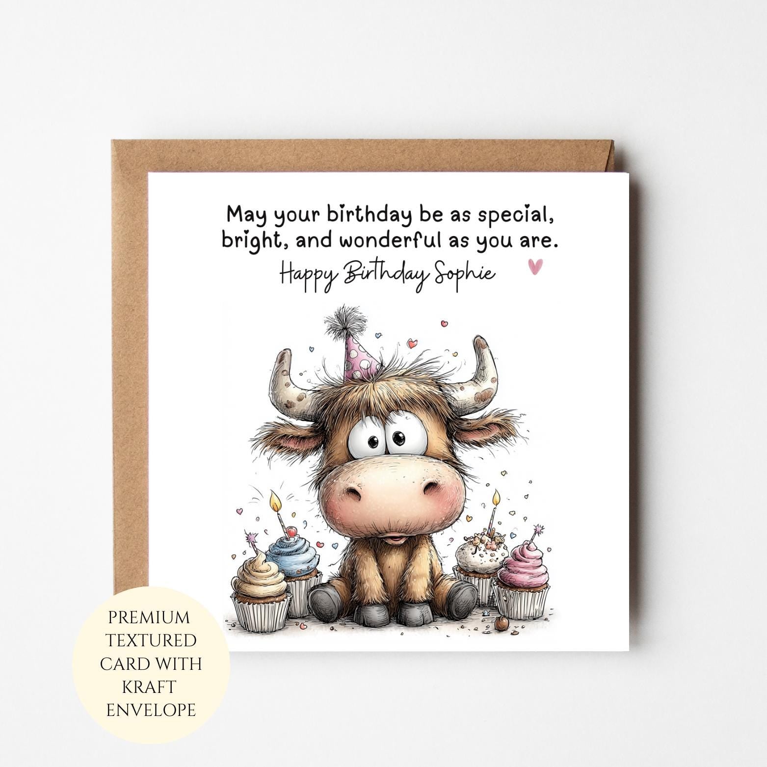 Personalised Highland Cow Birthday Card with Cupcakes – Whimsical Animal Greeting