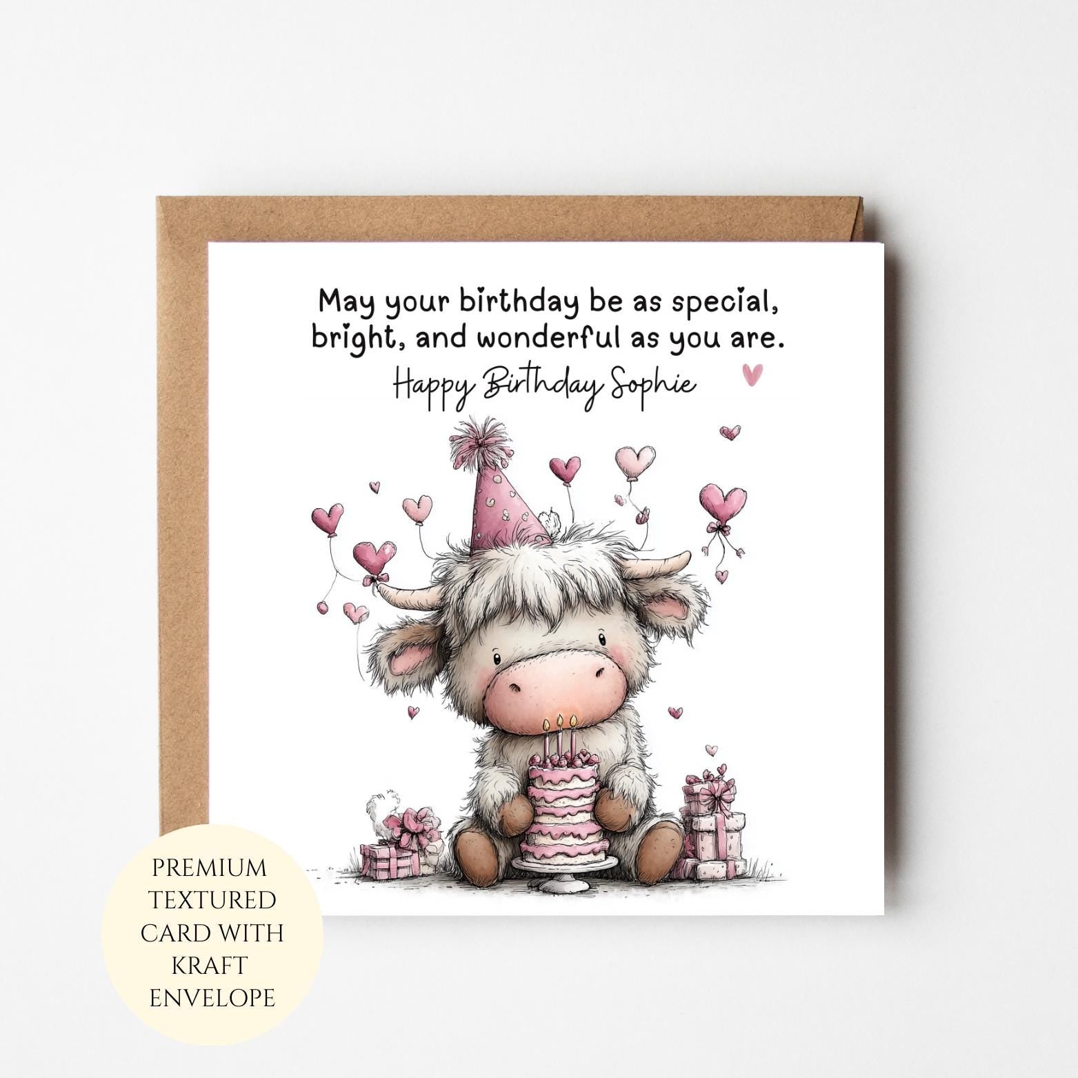 Personalised Highland Cow Birthday Card with Cake – Animal Lover Gift