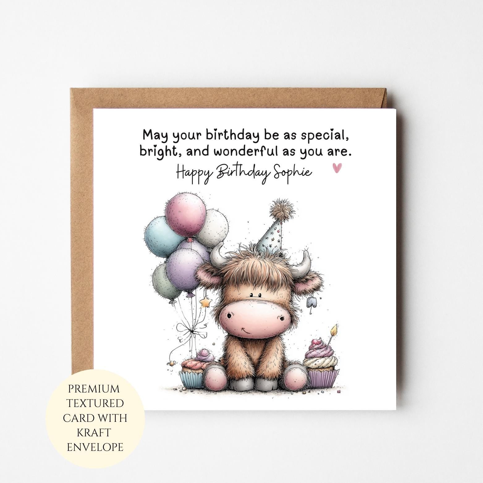 Personalised Highland Cow Birthday Card with Balloons – Whimsical Animal Greeting