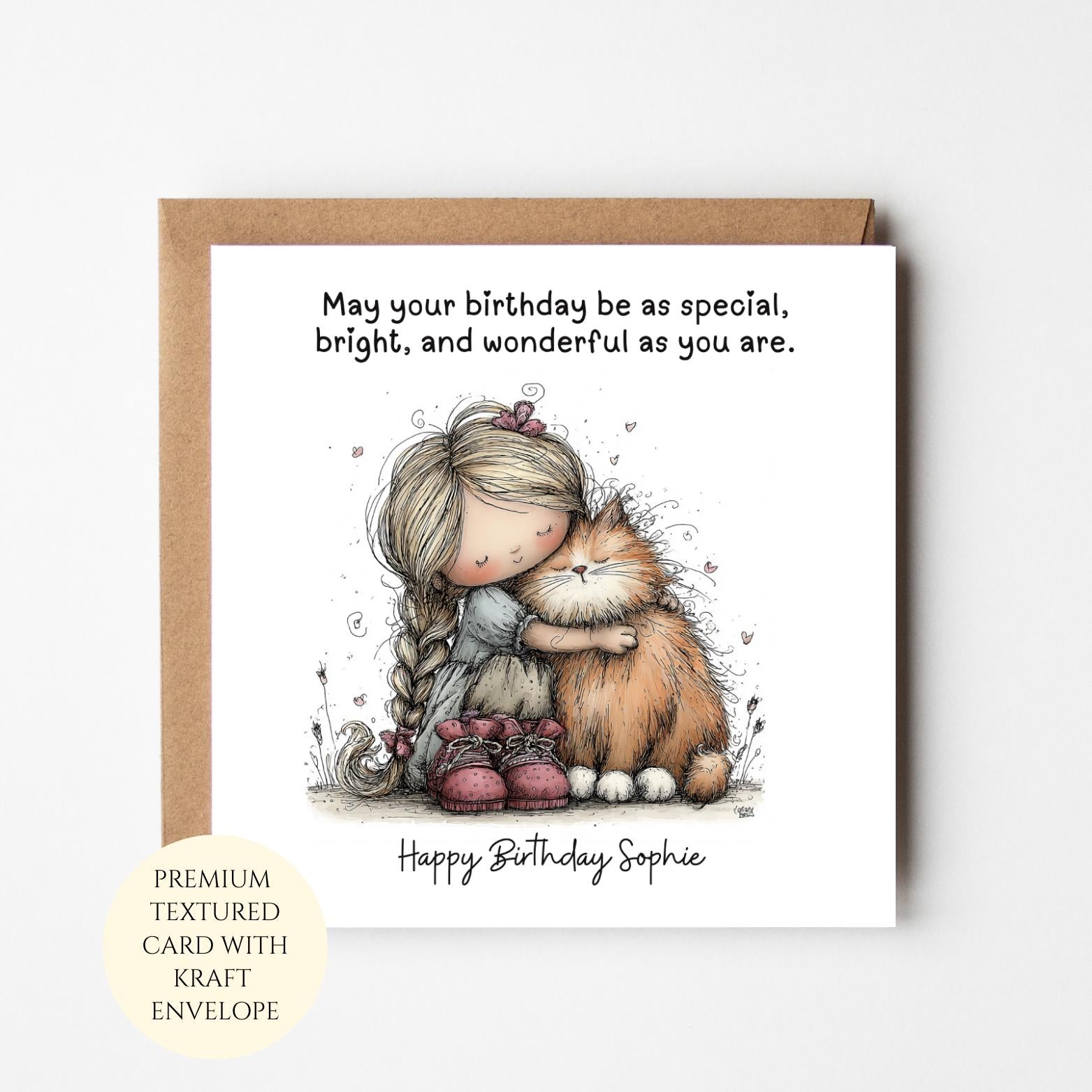 Personalised Girl With Cat Birthday Card – Cat Lover Greeting For Her