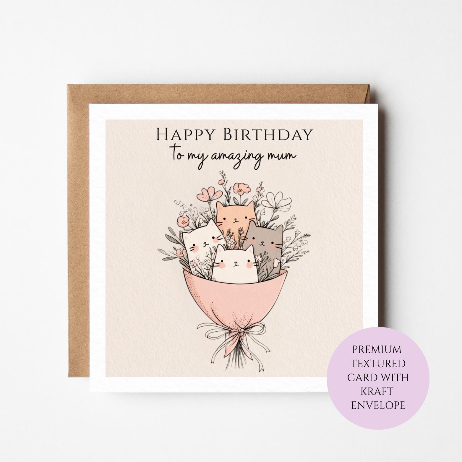 Floral Cat Birthday Card for Mum – Illustrated Bouquet Design