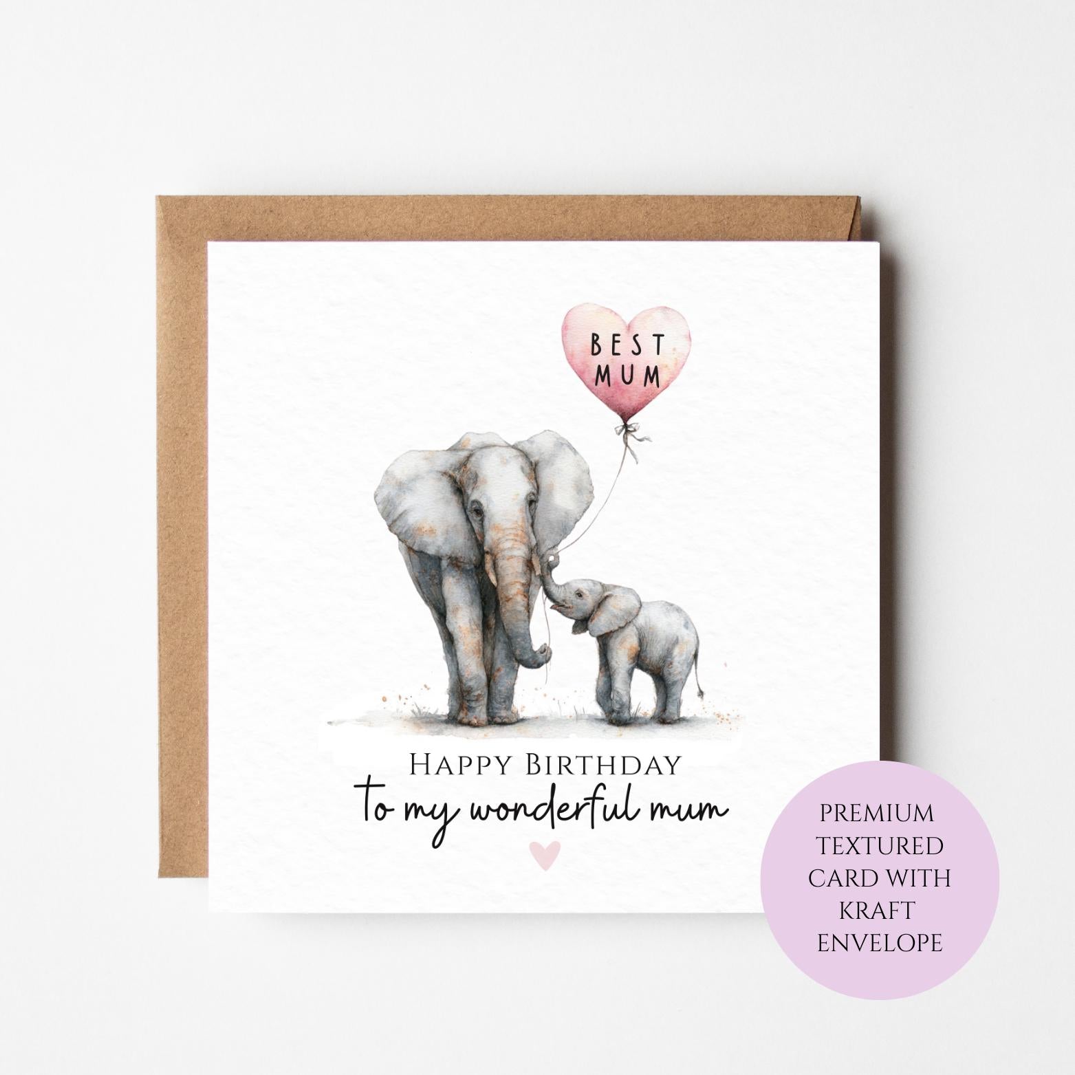 Mum Birthday Card: Elephant Illustration - Watercolor Animal Design