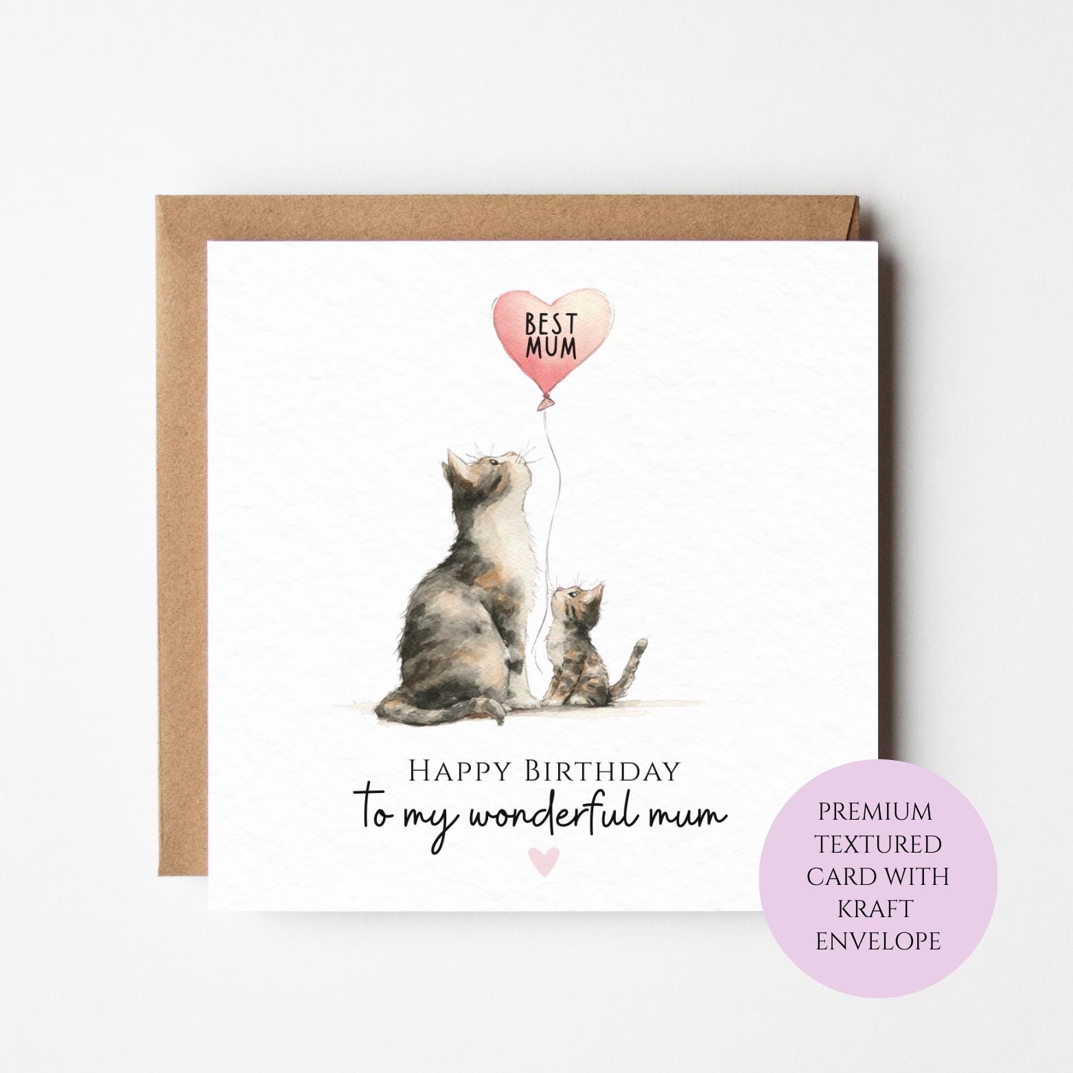 Cat Mum Birthday Card - Sweet Cats and Heart Balloon