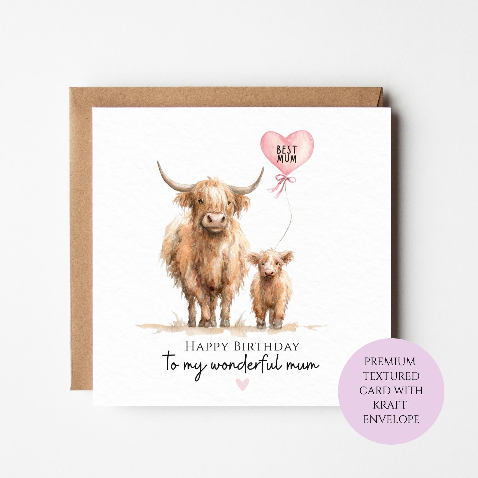Highland Cow Calf Birthday Card: Textured Cardstock, Mum Illustration
