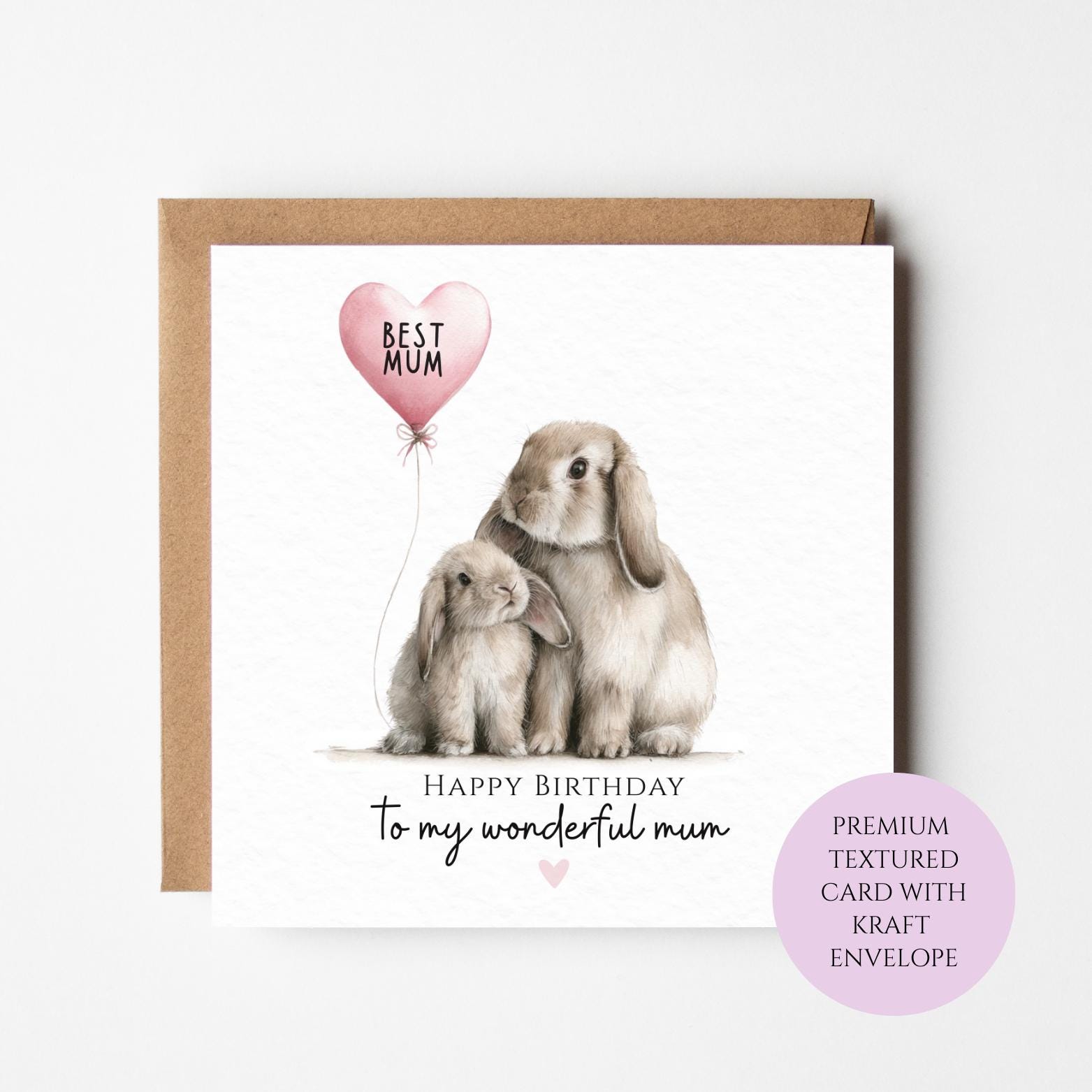 Birthday Card for Mum, Rabbits and Balloon (Blank Inside)