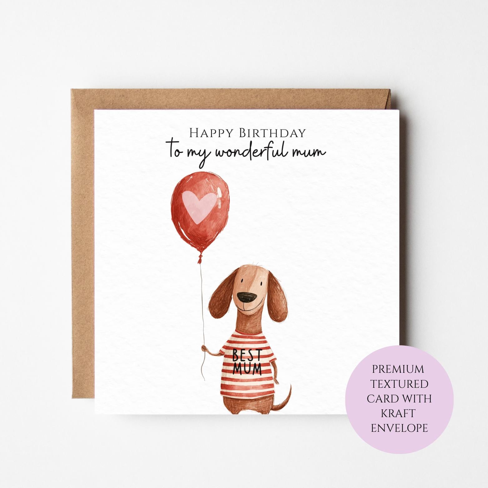 Dog Mum Birthday Card: Watercolor Puppy Illustration, Textured Card (Kraft Envelope)