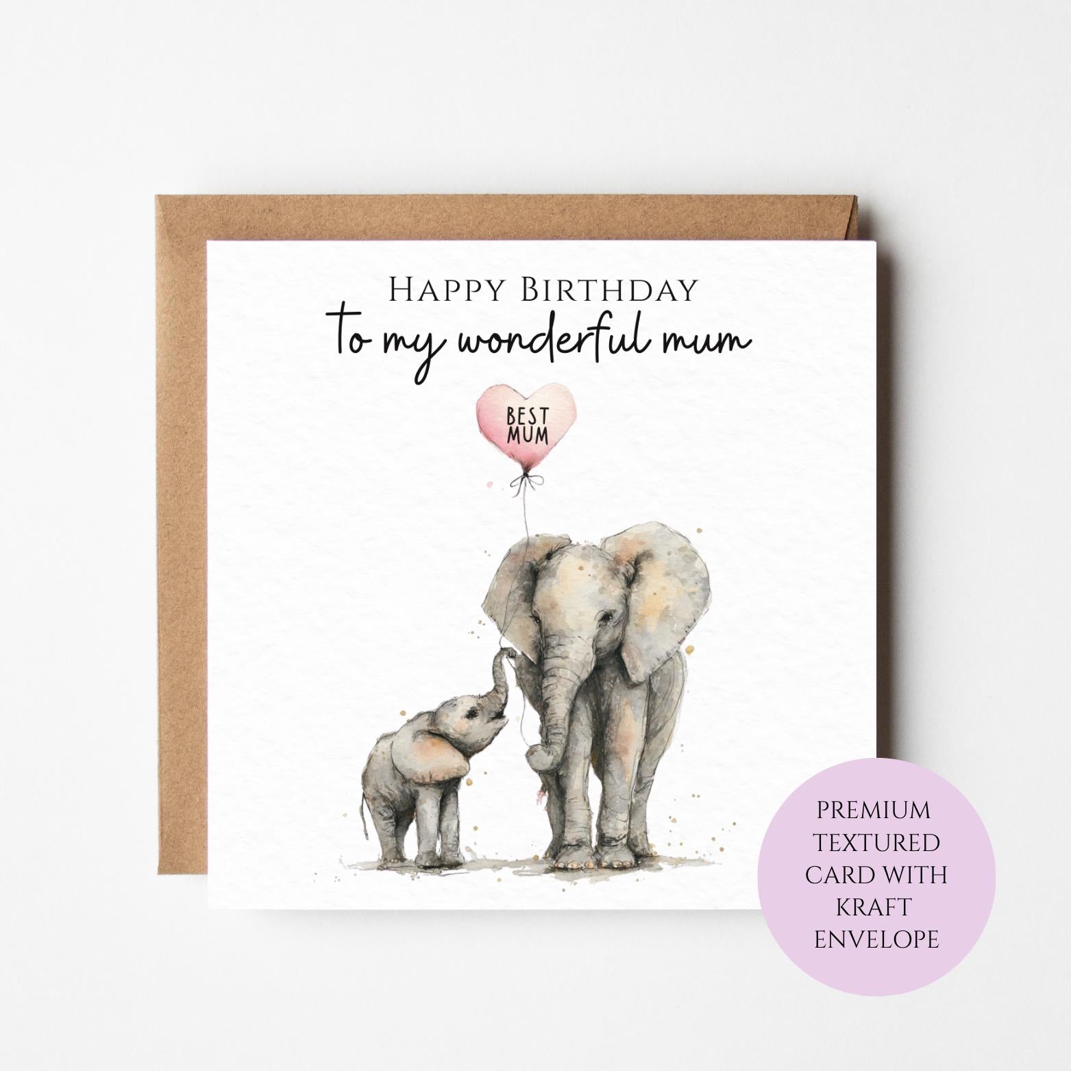 Elephant Birthday Card: Mum and Calf Watercolor Design (Includes Envelope)