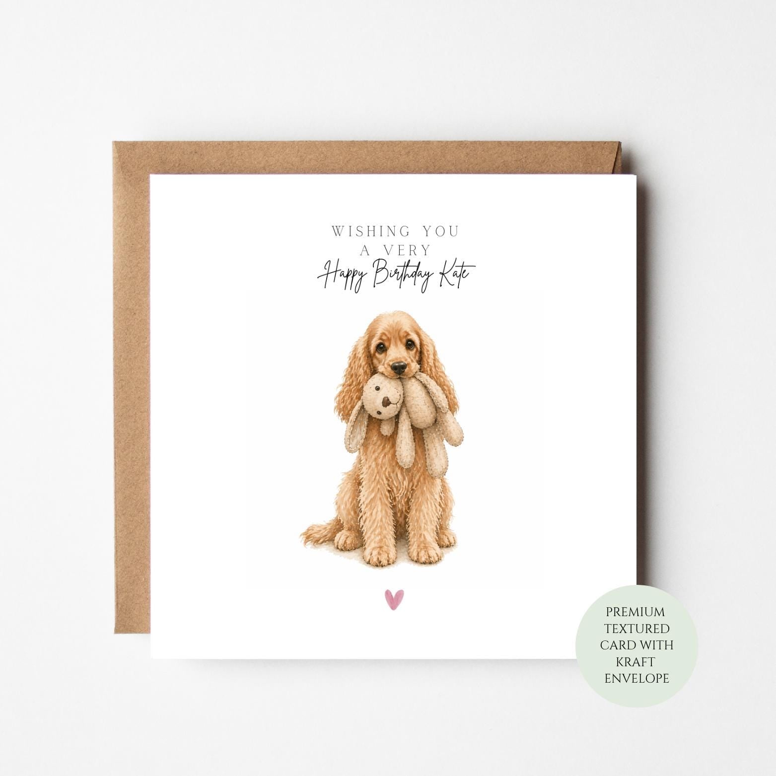 Puppy Birthday Card, Dog with Bunny Toy, Textured Card (Kraft Envelope)