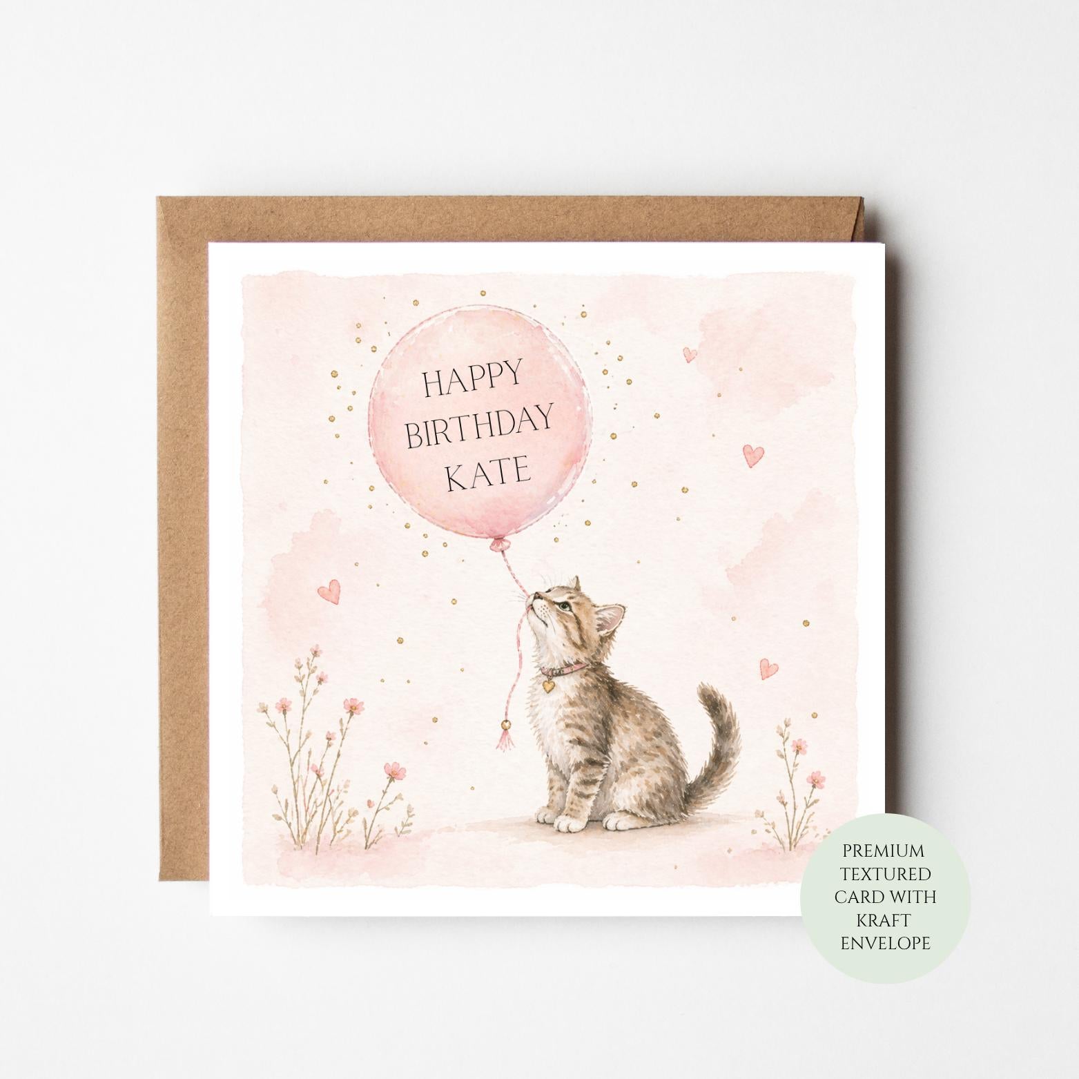 Cat Birthday Card: Playful Kitten and Balloon (Textured Paper, Standard Size)