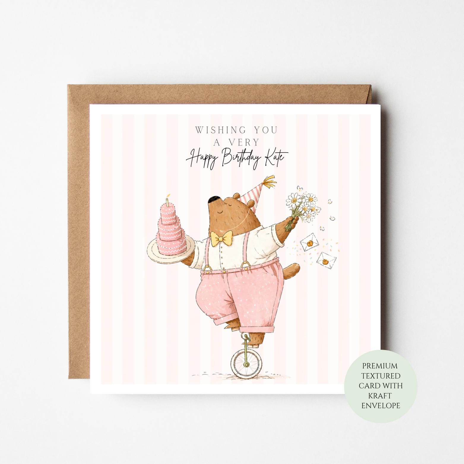 Bear Birthday Card with Cake and Flowers – Whimsical Animal Greeting for Her
