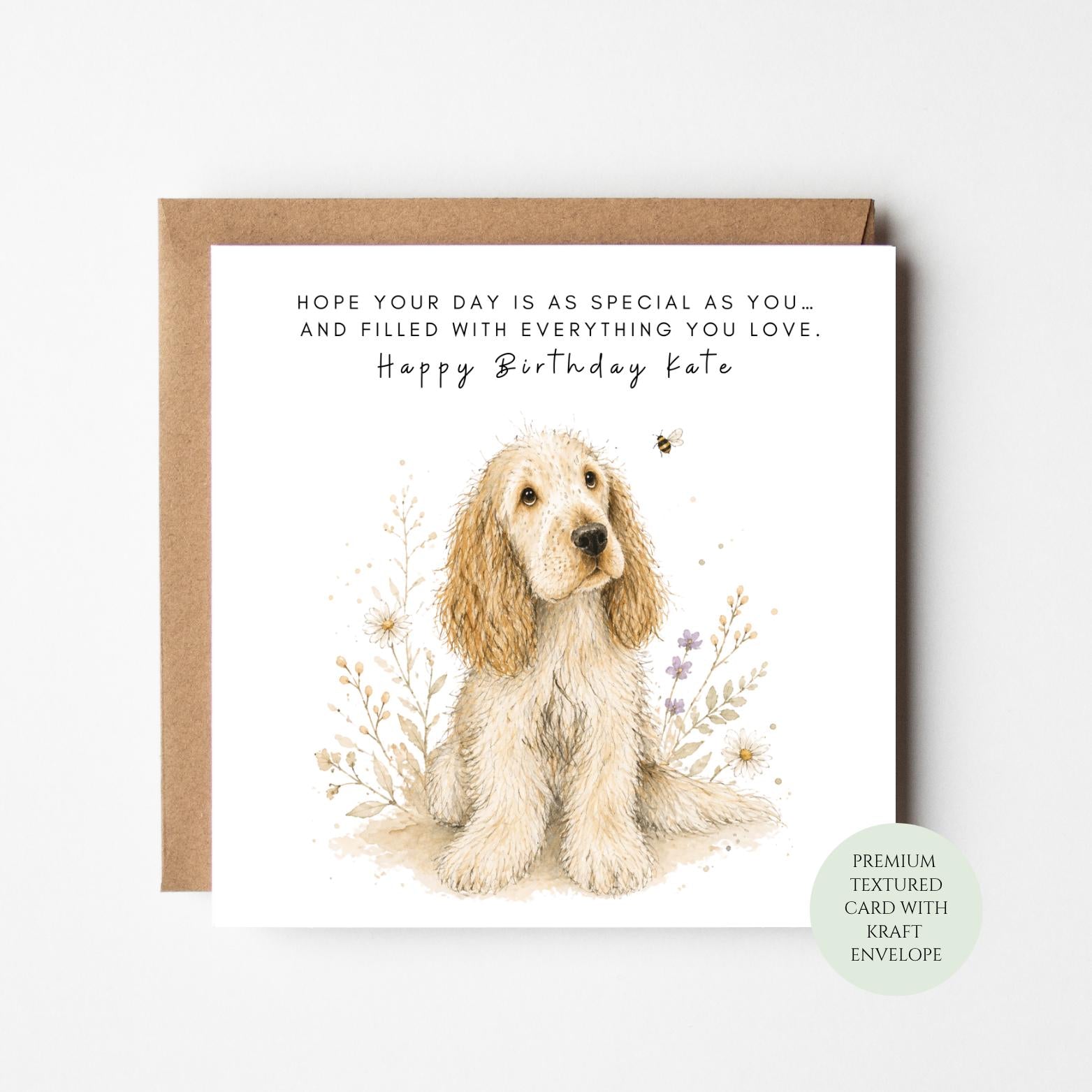 Dog Lover Birthday Card, Cocker Spaniel, Floral Scene (Textured Paper)