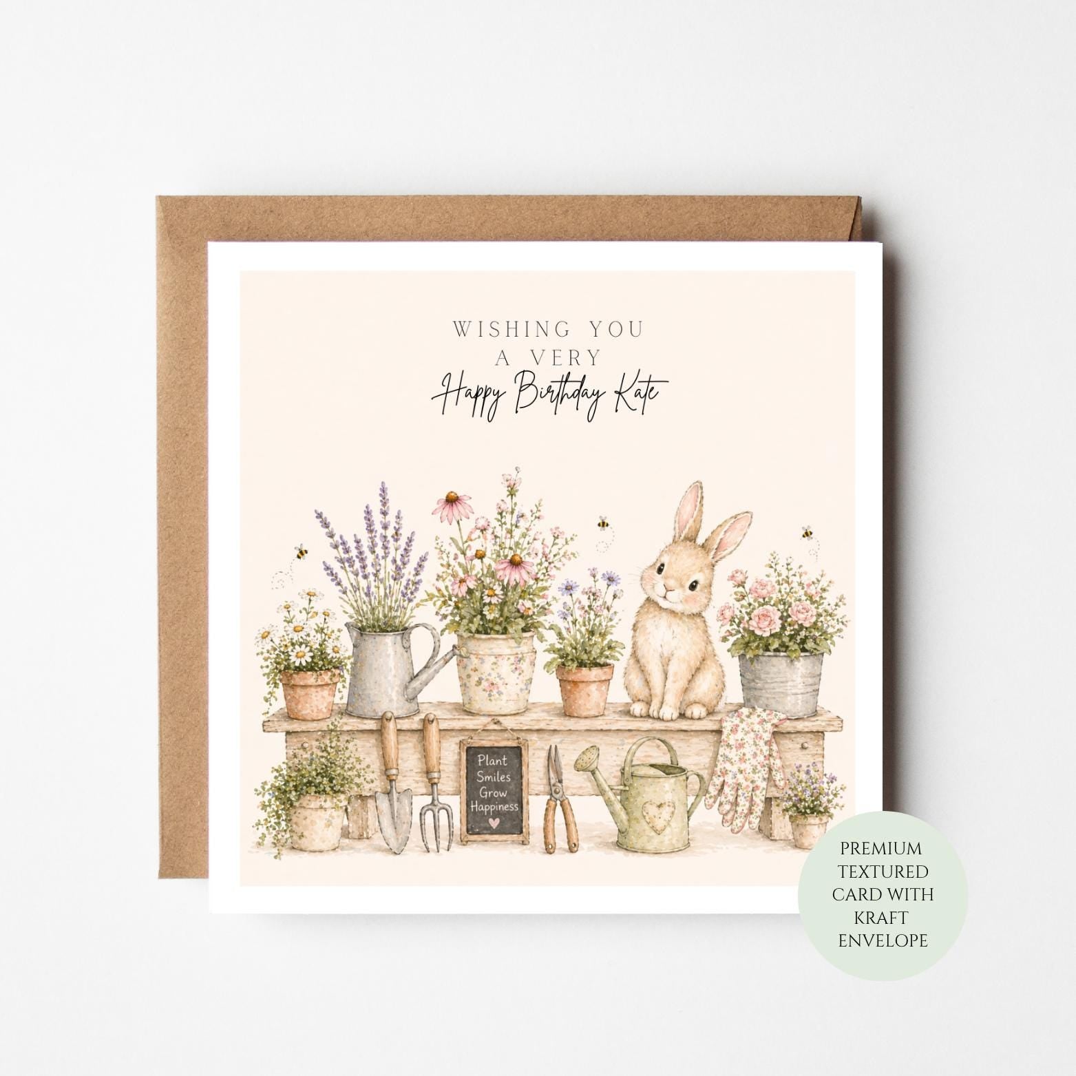 Birthday Card for Gardeners: Bunny and Plants (Textured Paper)