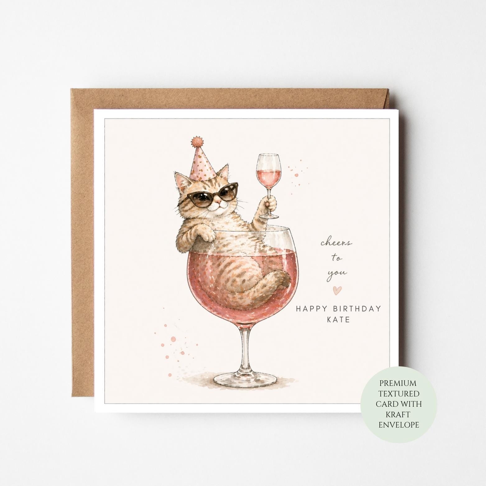 Funny Cat Birthday Card, Party Hat Wine Lover, Textured Cardstock (Kraft Envelope)