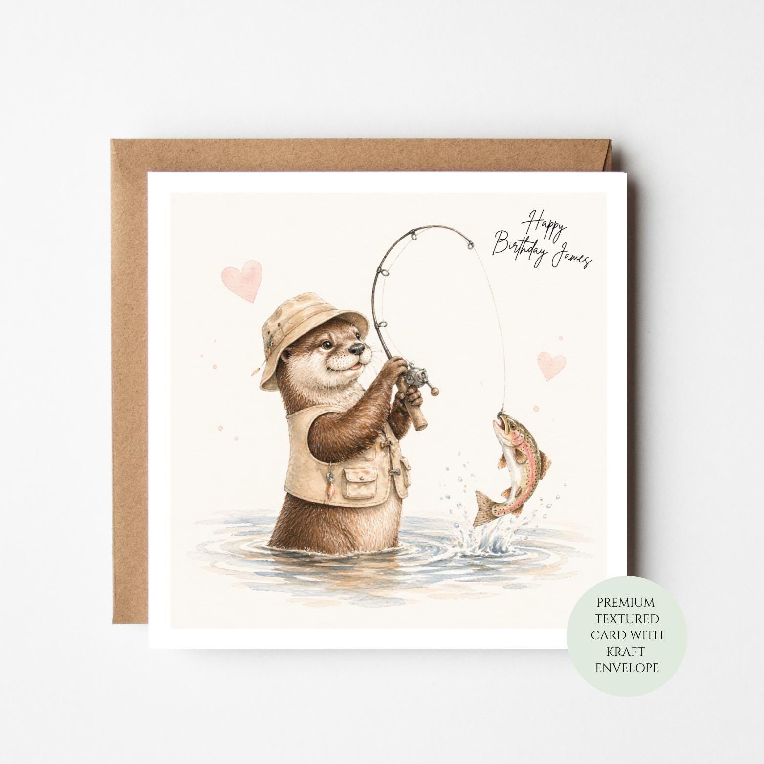 Animal Birthday Card: Otter Fishing Design (Textured, Includes Envelope)