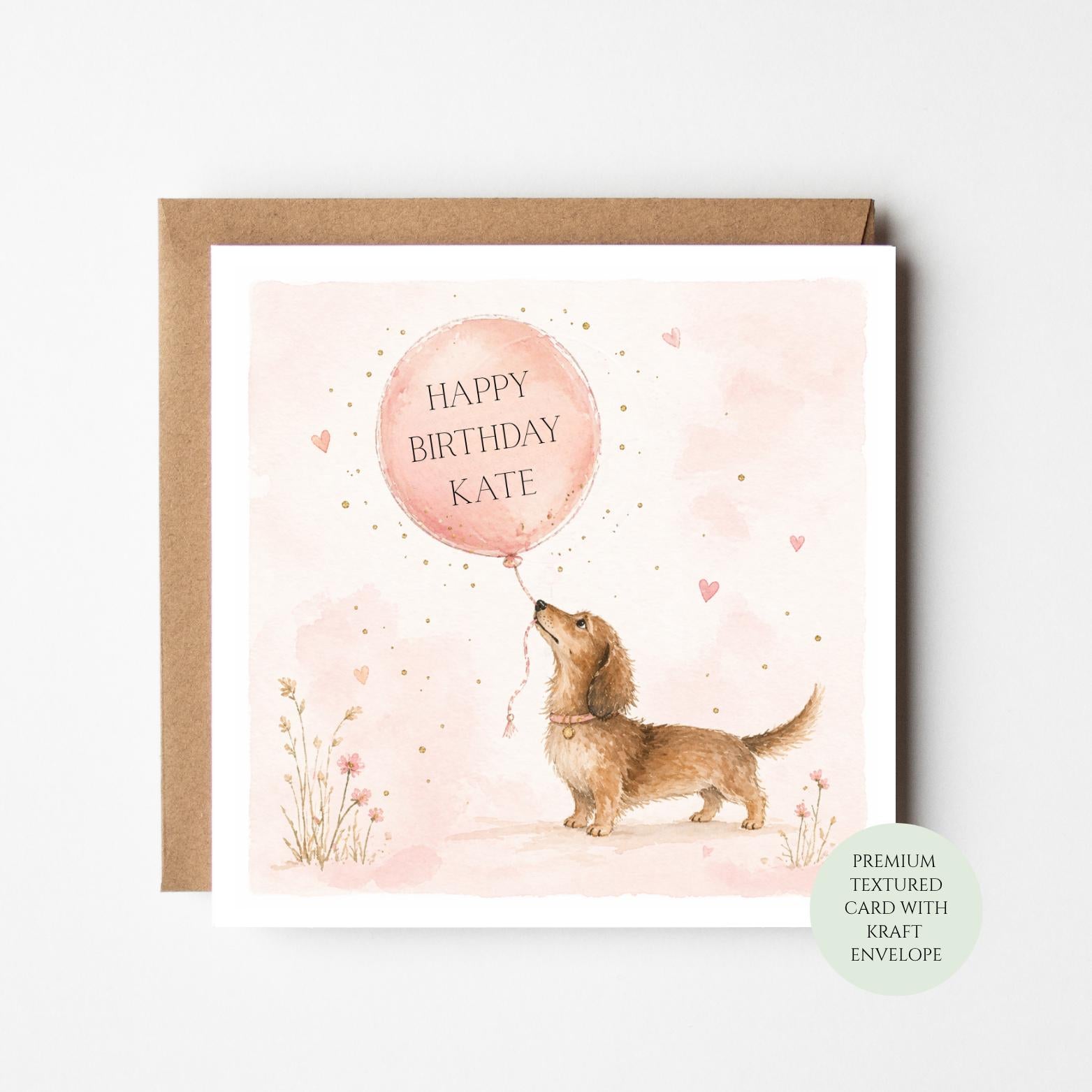 Dachshund Birthday Card: Whimsical Dog Lover Design with Pink Balloon