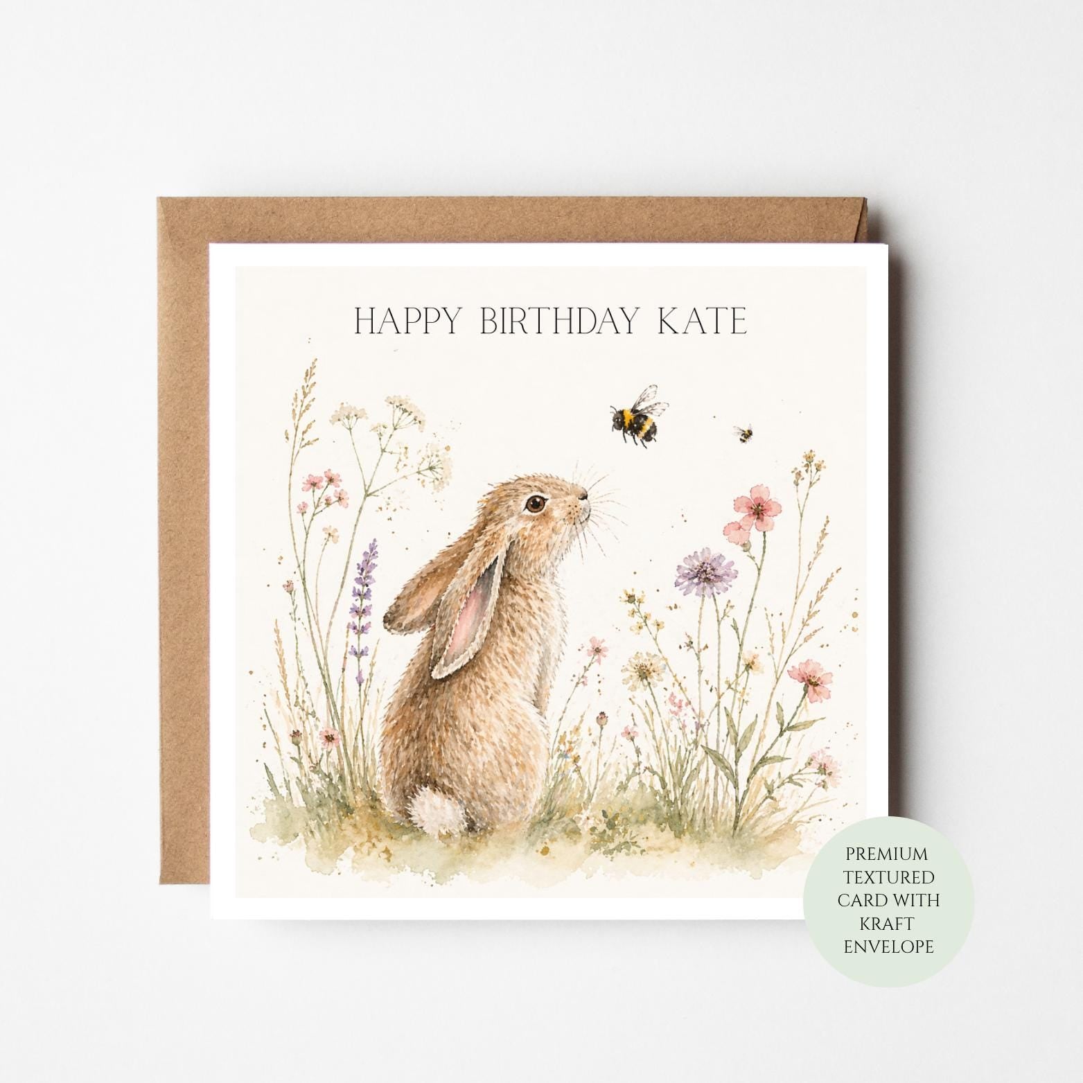 Bunny Birthday Card: Woodland Illustration, Textured Paper