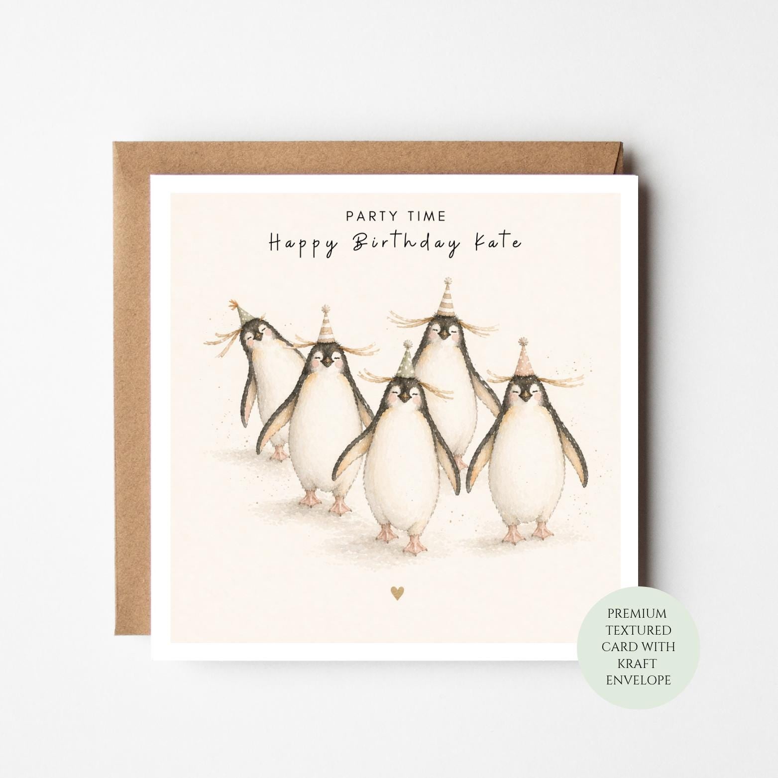 Penguin Birthday Card: Party Animals, Textured Stock, Kraft Envelope