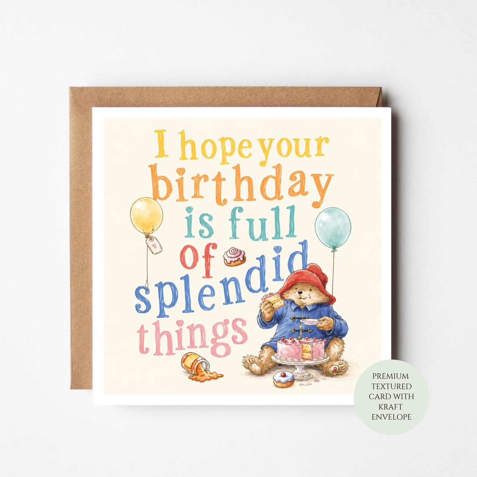 Funny Bear Birthday Card, Storybook Style (Textured Paper, Includes Envelope)