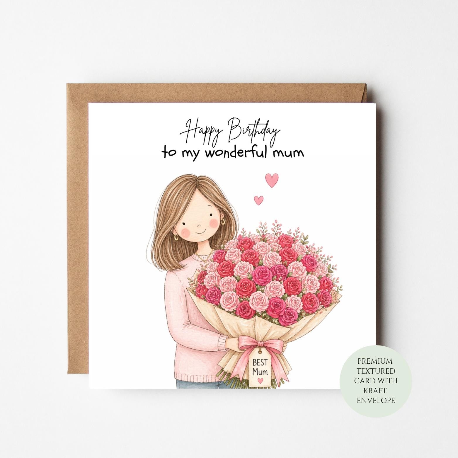 Mum Birthday Card - Floral Pink Roses on Textured Paper