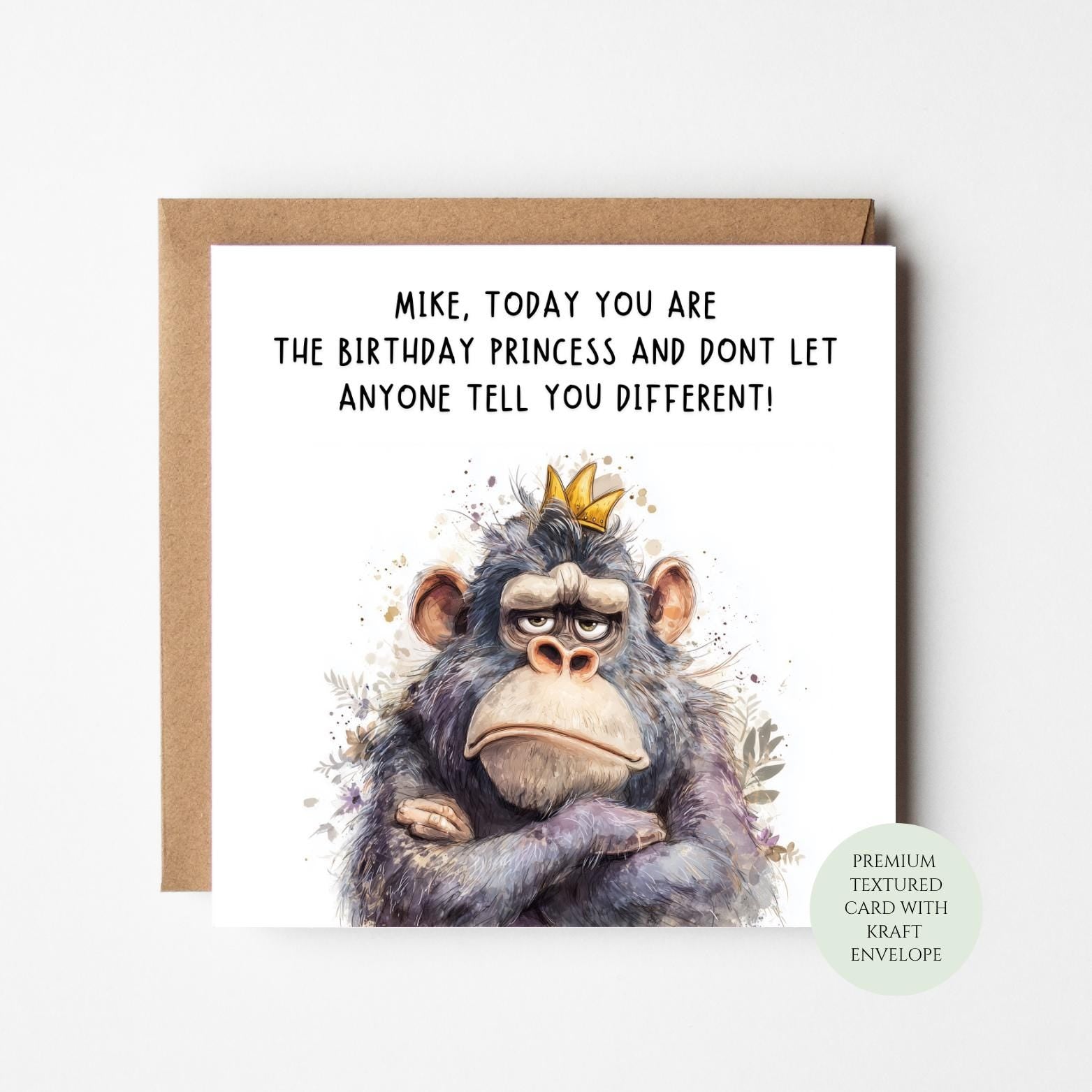Birthday Card: Funny Monkey and Birthday Princess (Textured Thick Stock)