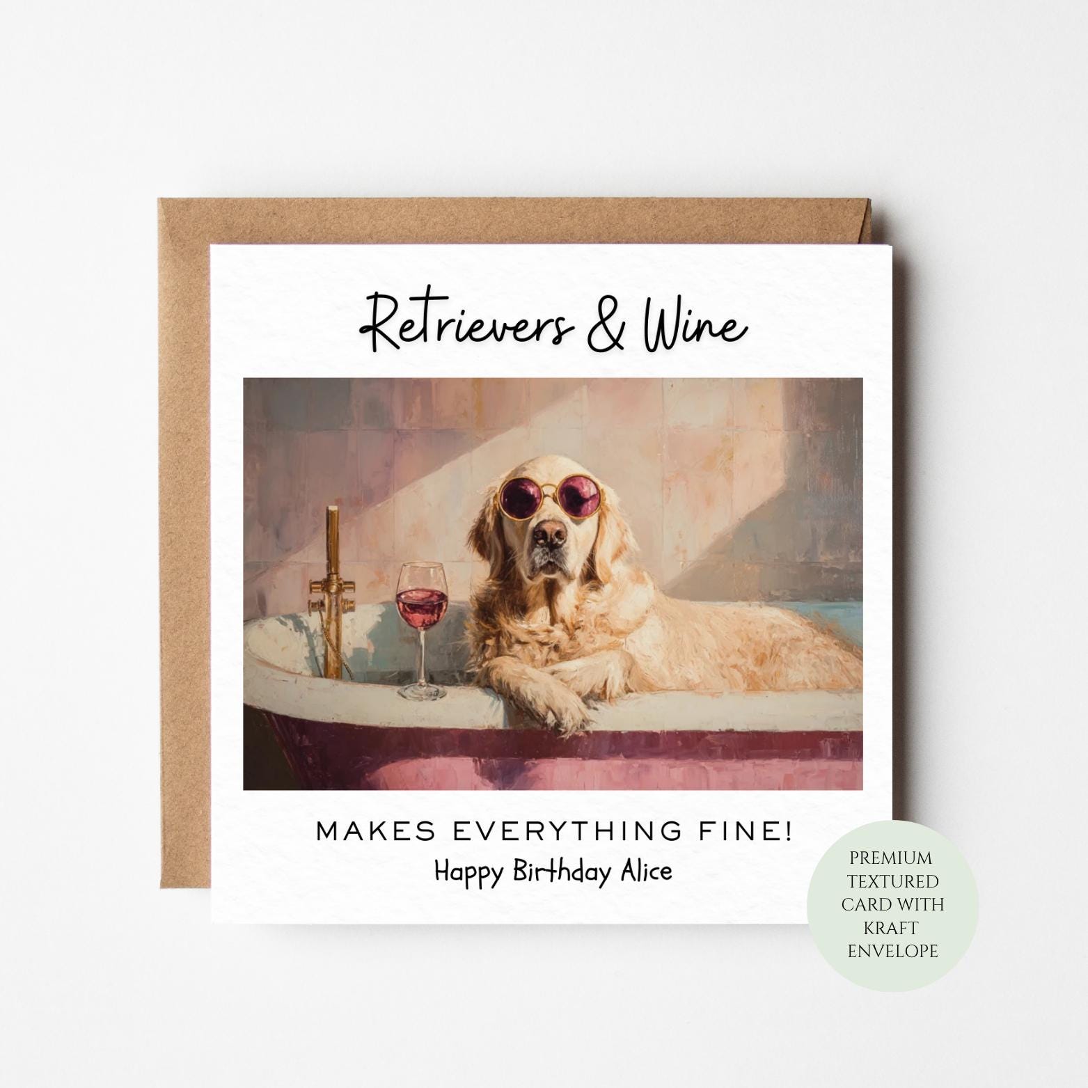 Golden Retriever Birthday Card: Funny Bath and Wine Design