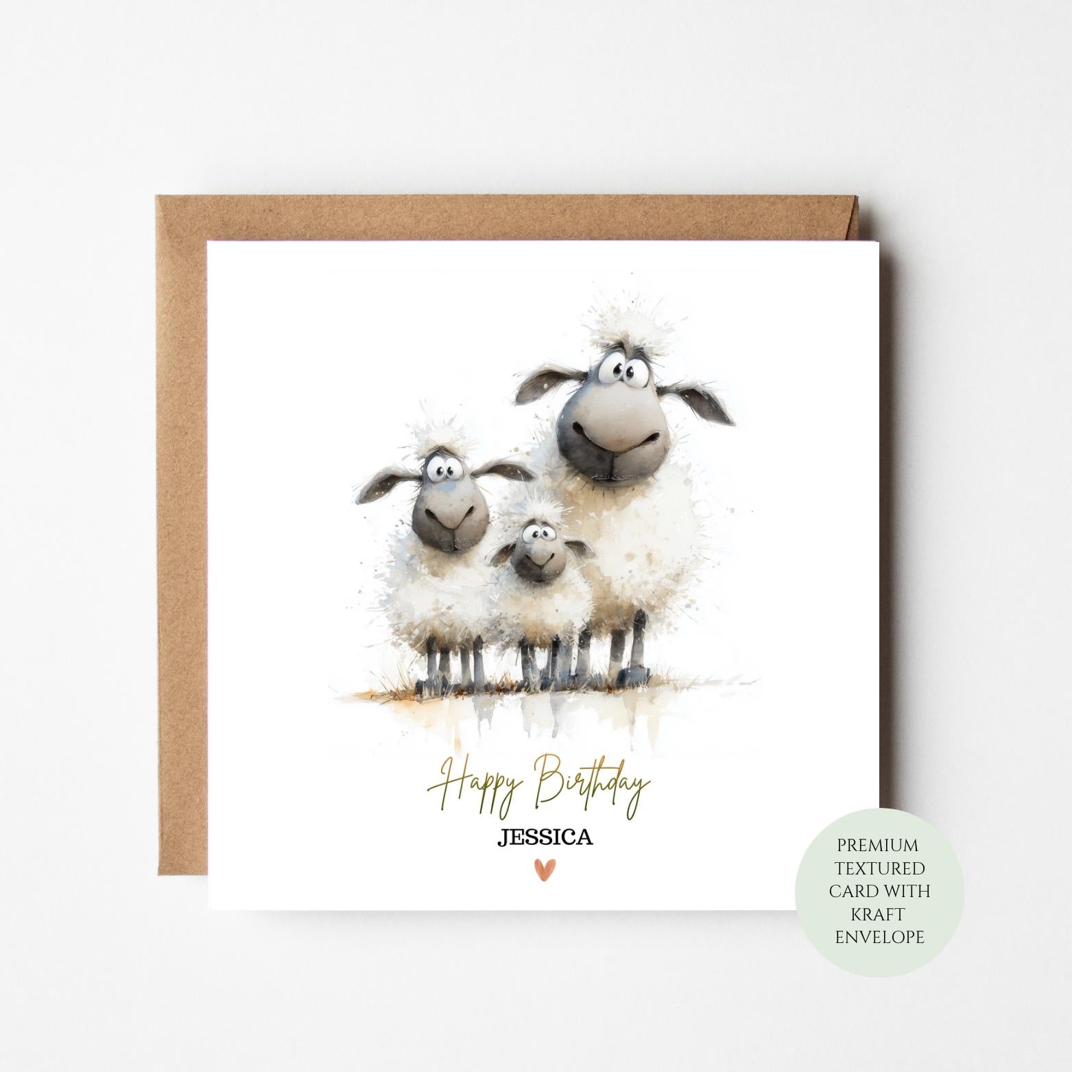 Farm Sheep Birthday Card: Textured Paper, Kraft Envelope