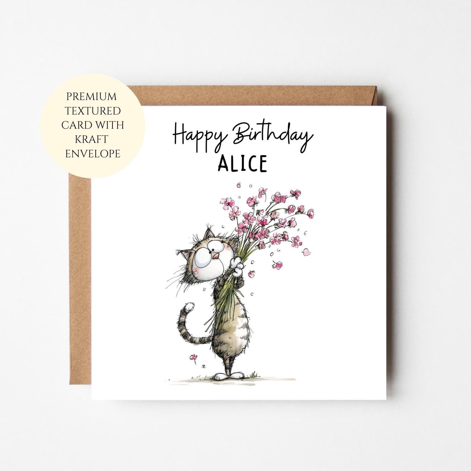 Personalised Cat Birthday Card – Whimsical Floral Bouquet for Her